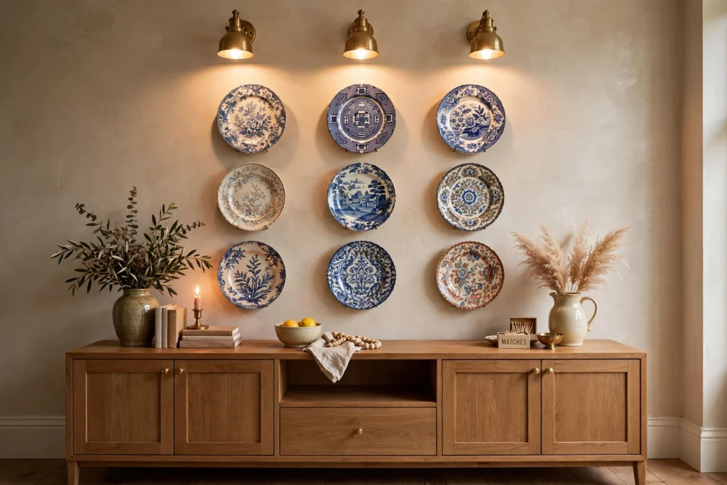 Warm picture lights illuminating a plate wall display above a dining room sideboard