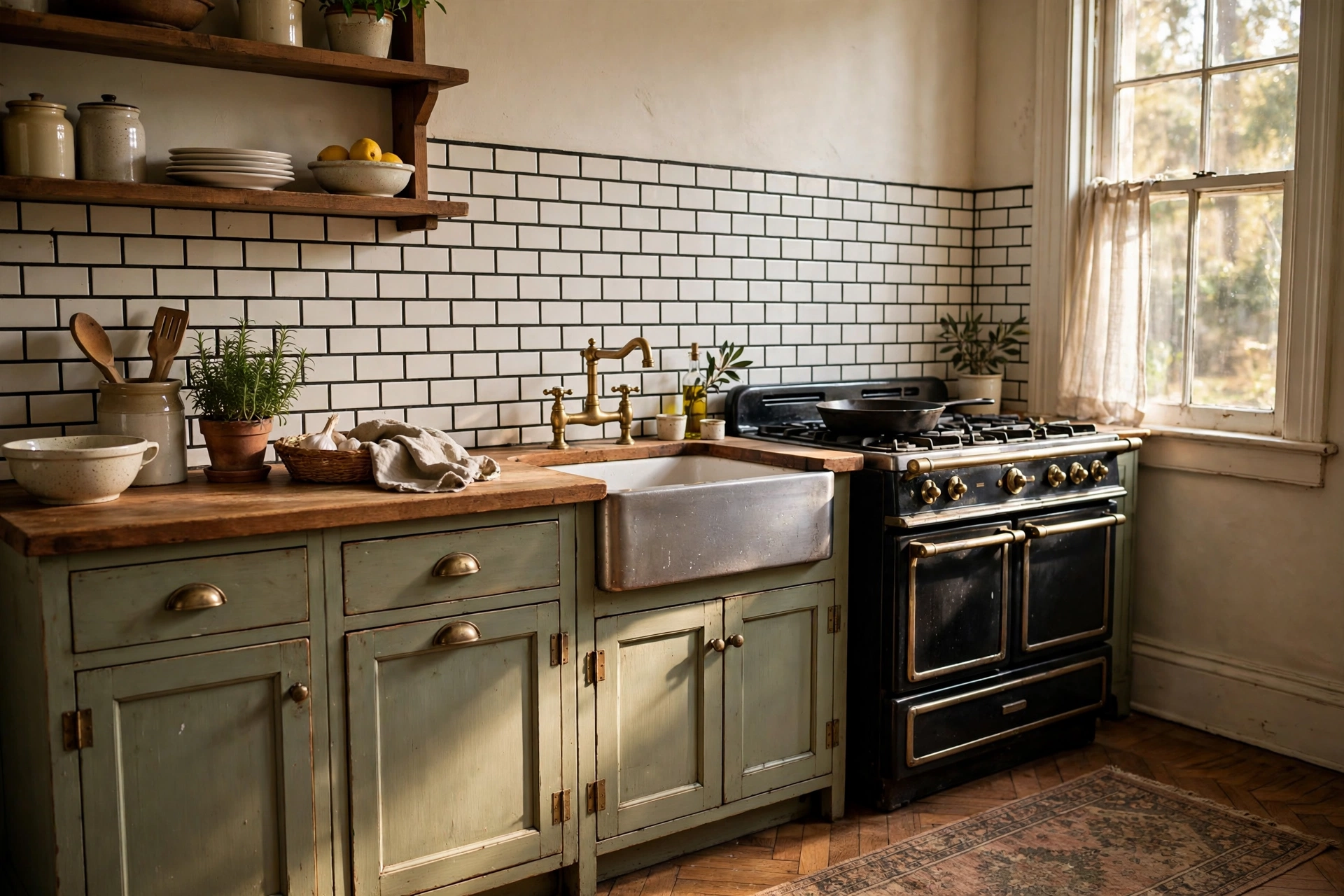 Classic subway tile backsplash with dark grout in a vintage kitchen