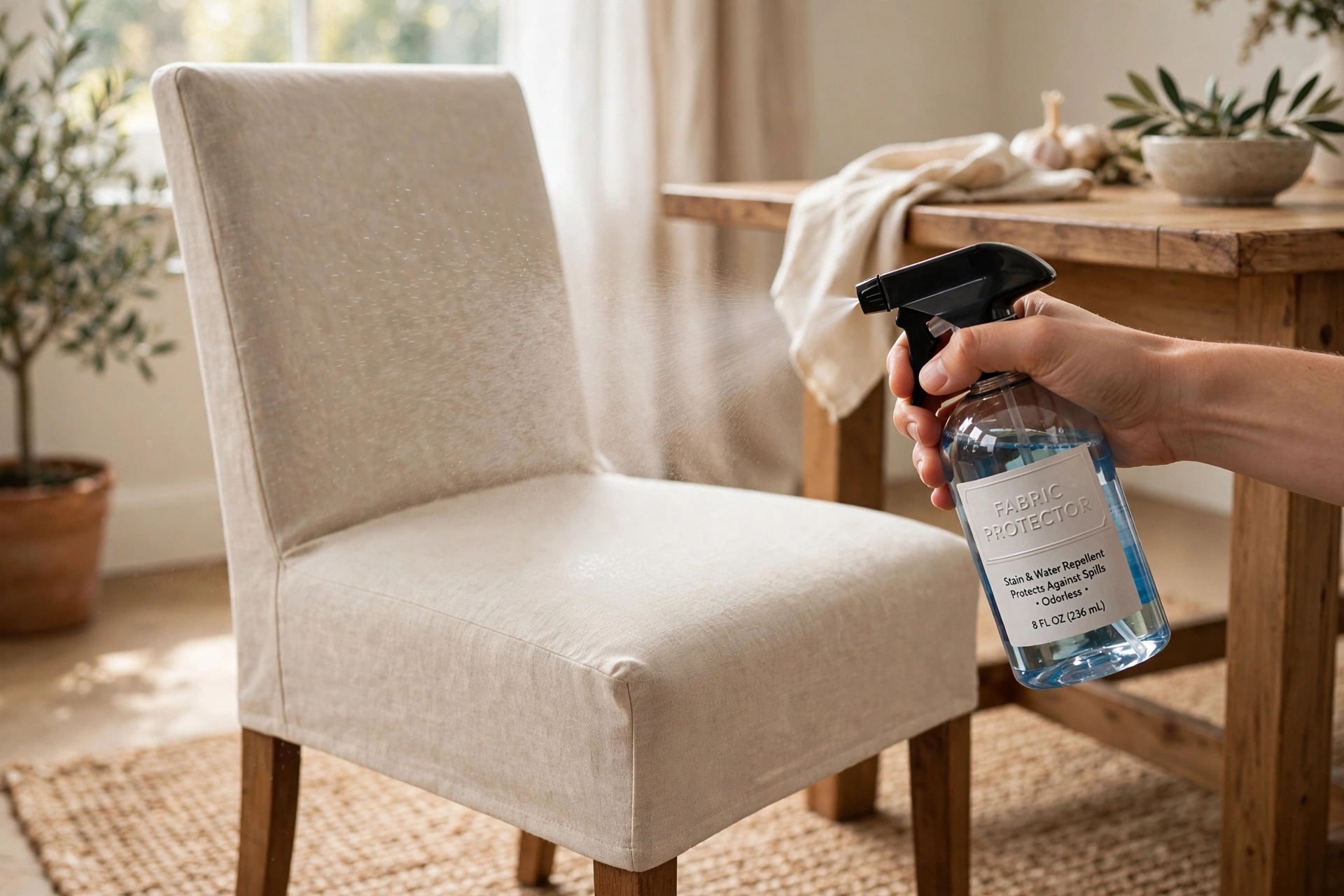 Hand spraying fabric protector onto a finished dining chair slipcover