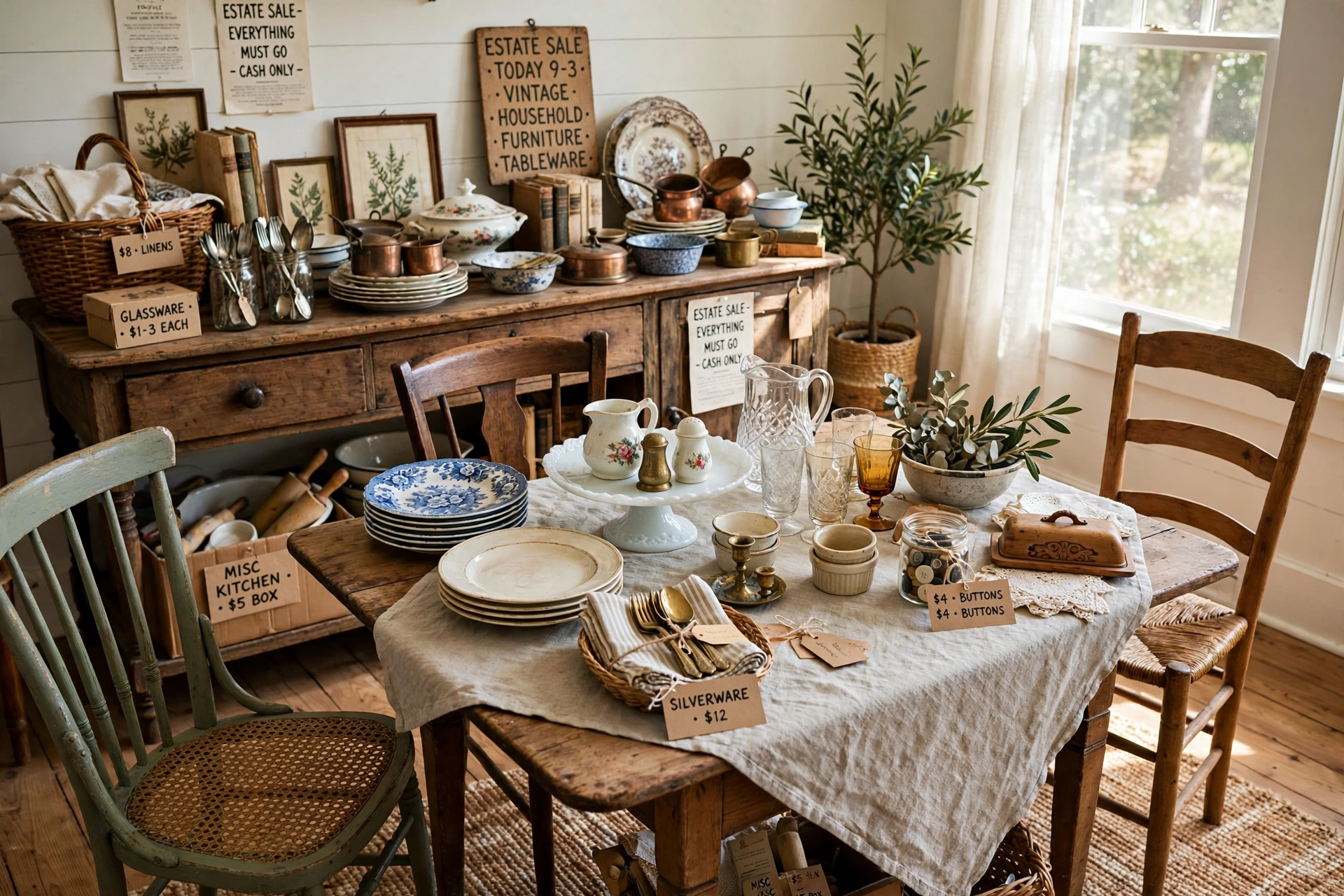 Charming estate sale display of vintage dining furniture and tableware finds