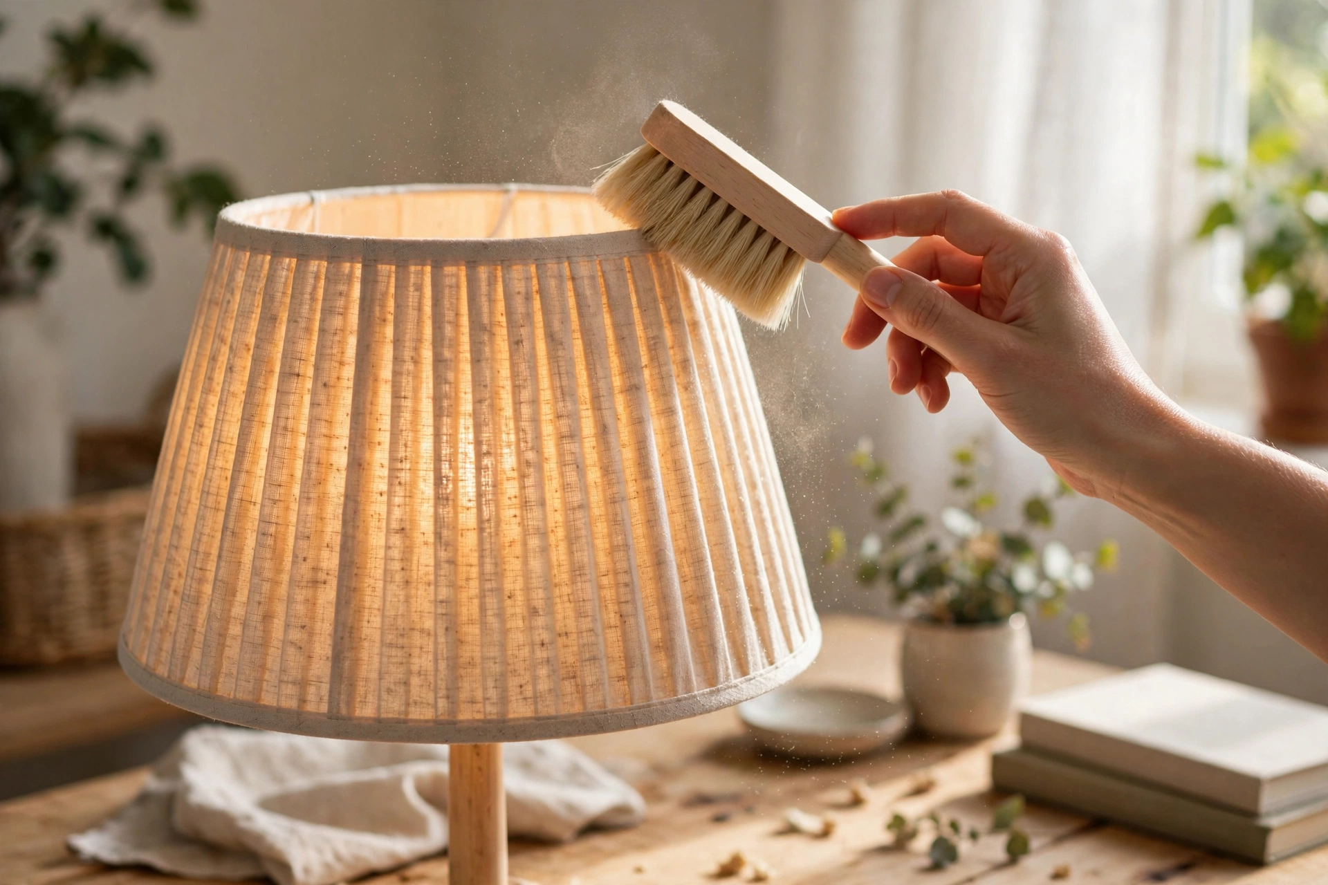 Hand dusting a fabric lampshade with a soft brush to maintain warm light