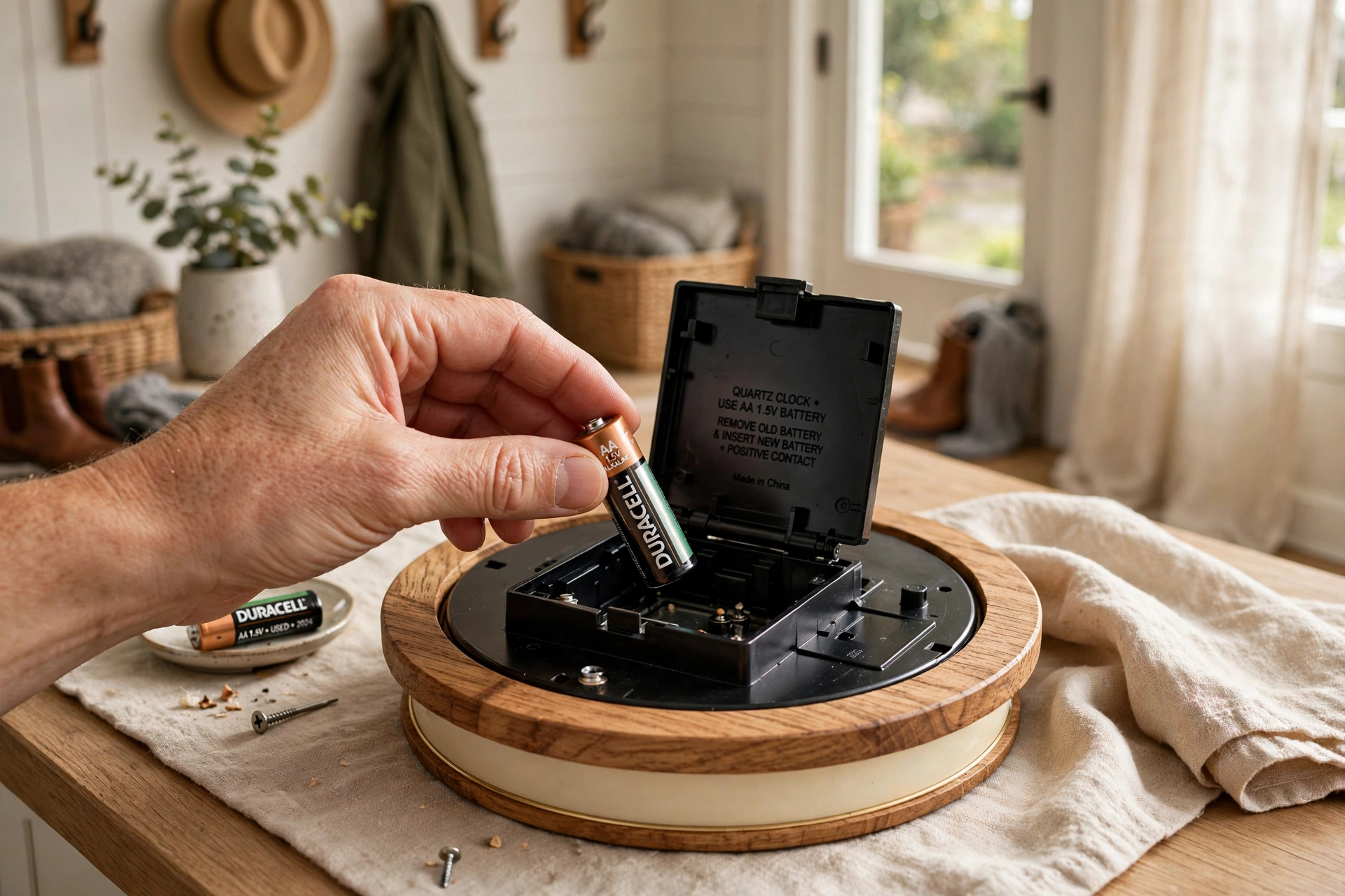 Hand replacing the battery on the back of a quartz entryway wall clock
