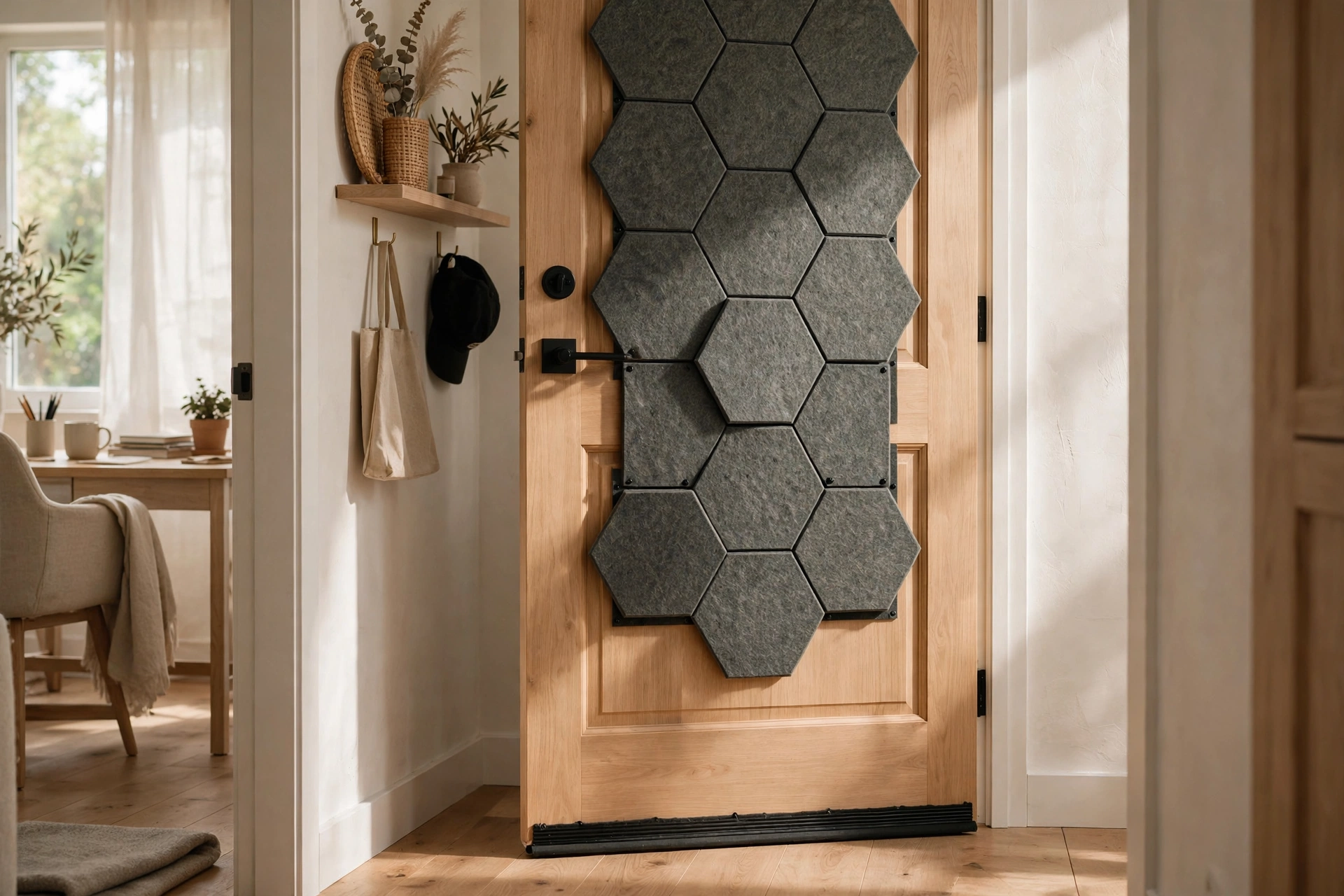 Home office door fitted with a felt acoustic panel and draft seal