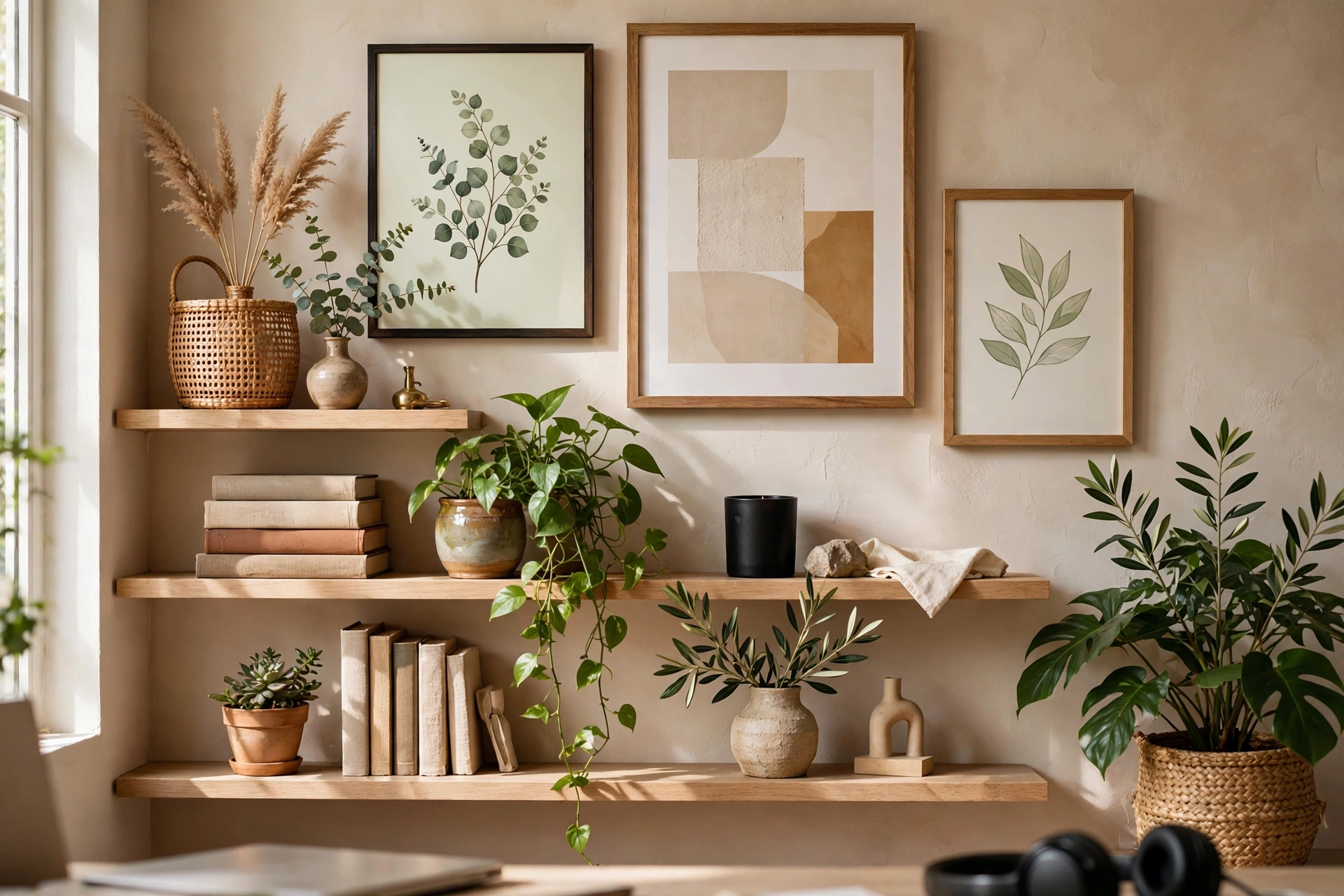 Layered video call background with plant, styled shelves, and wall art
