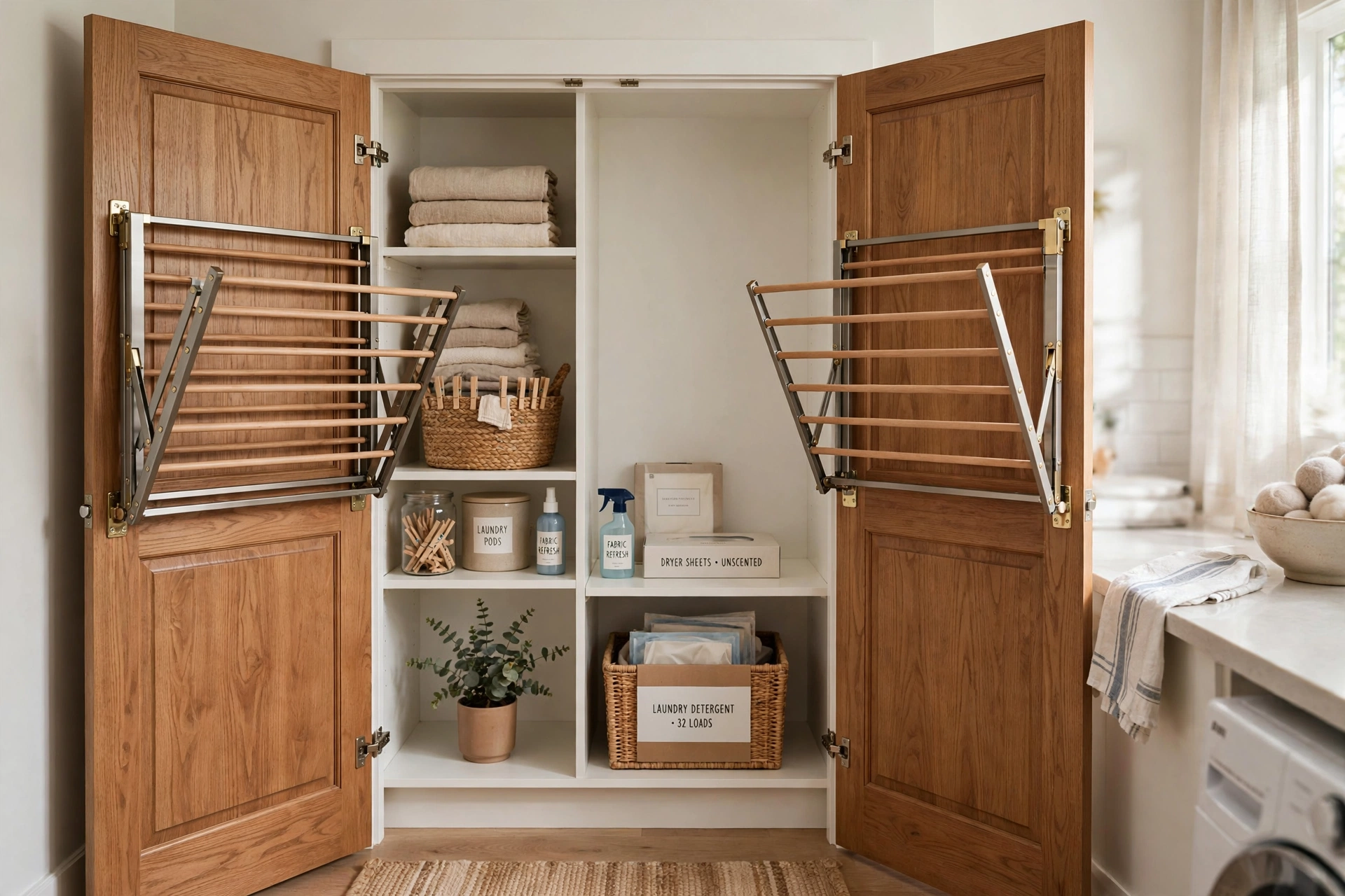 Fold-down drying racks mounted inside laundry closet doors
