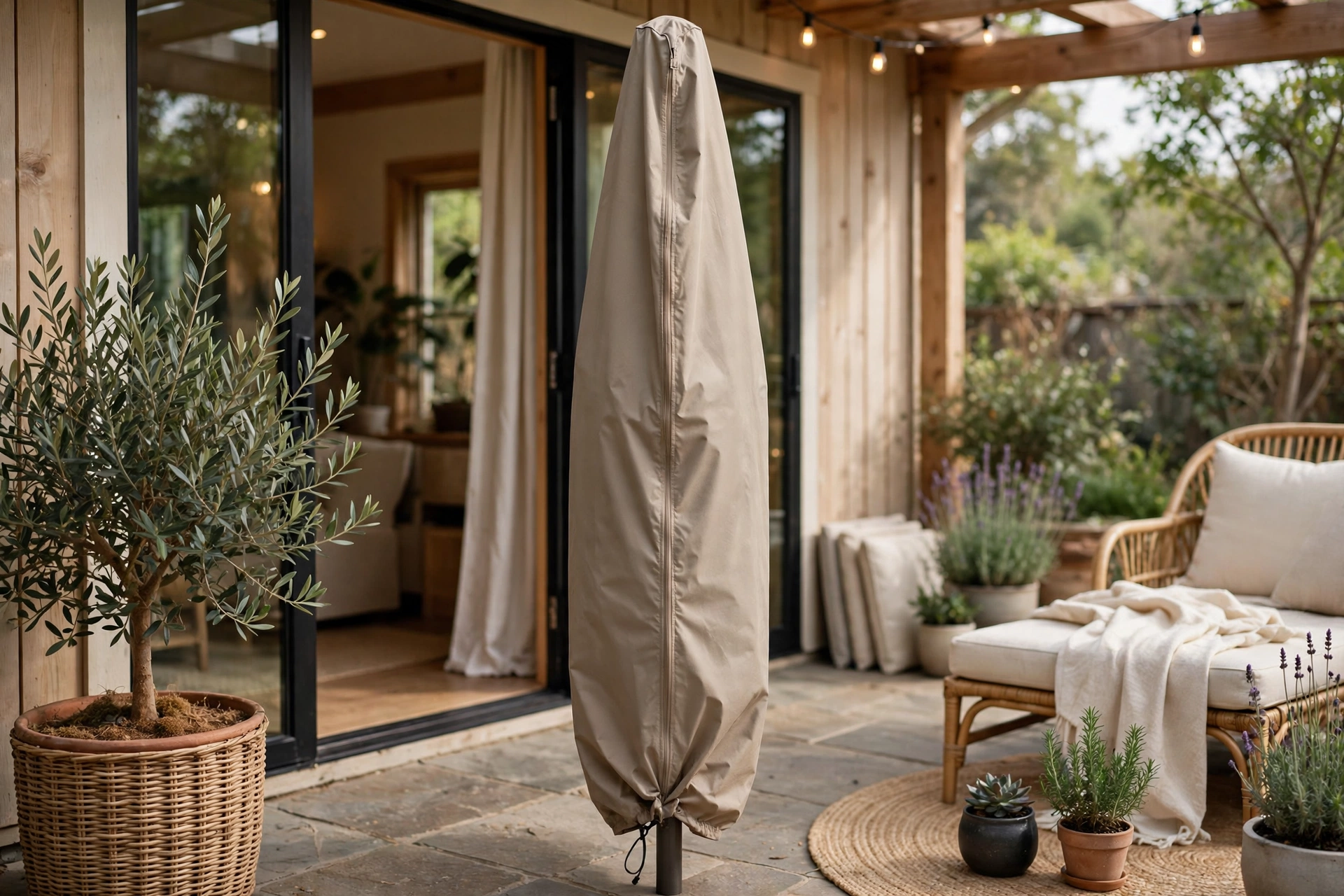 Covered patio umbrella stored upright with its protective cover on