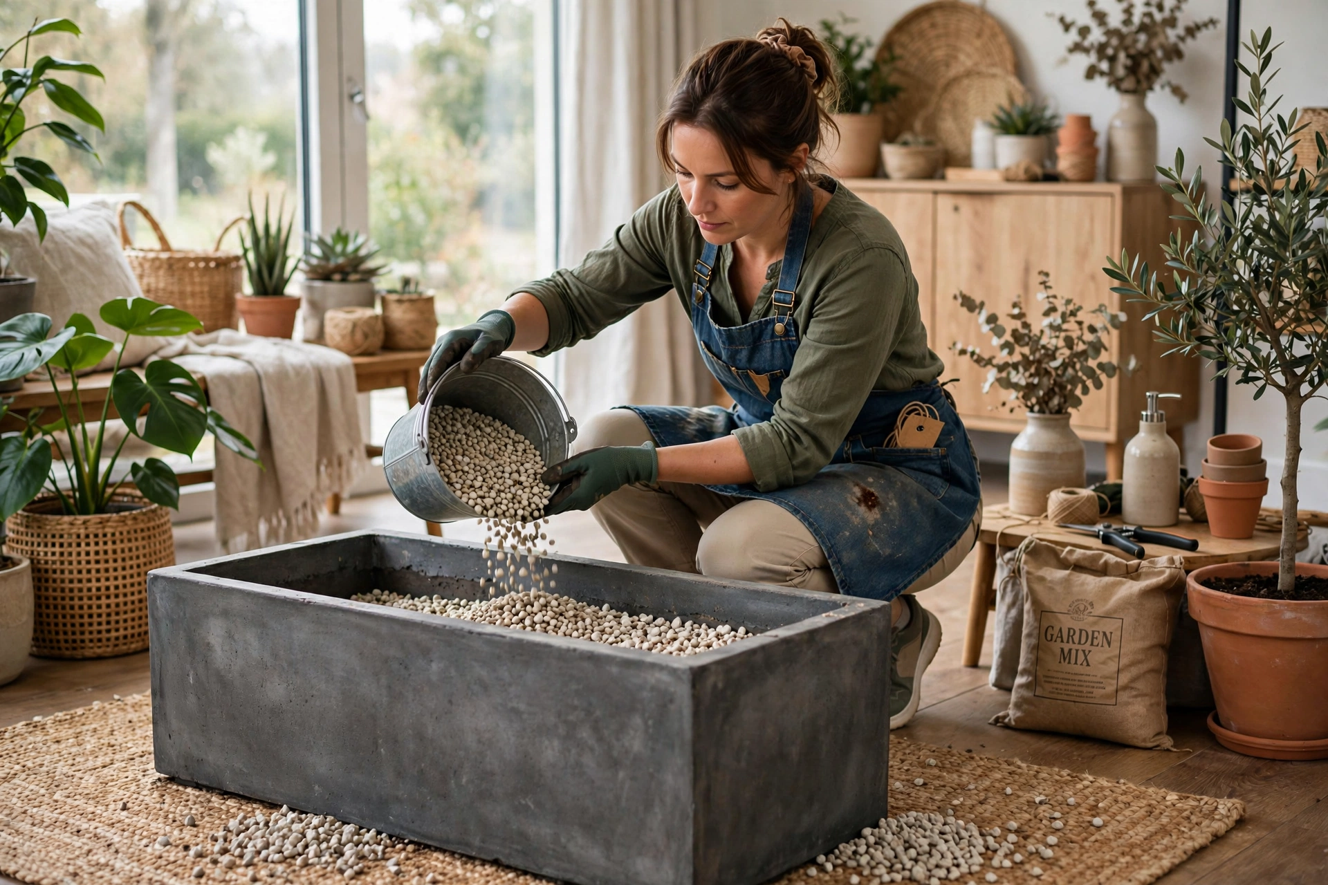 Gardener adding gravel drainage layer to a large outdoor planter