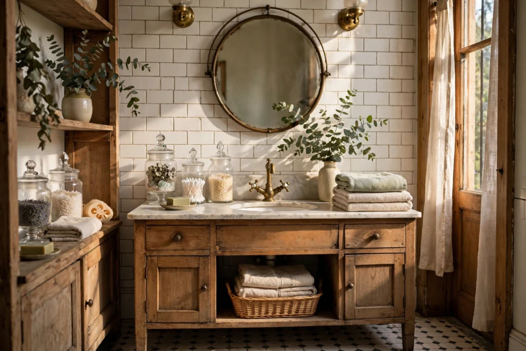 Vintage bathroom styled with eucalyptus, apothecary jars and folded towels