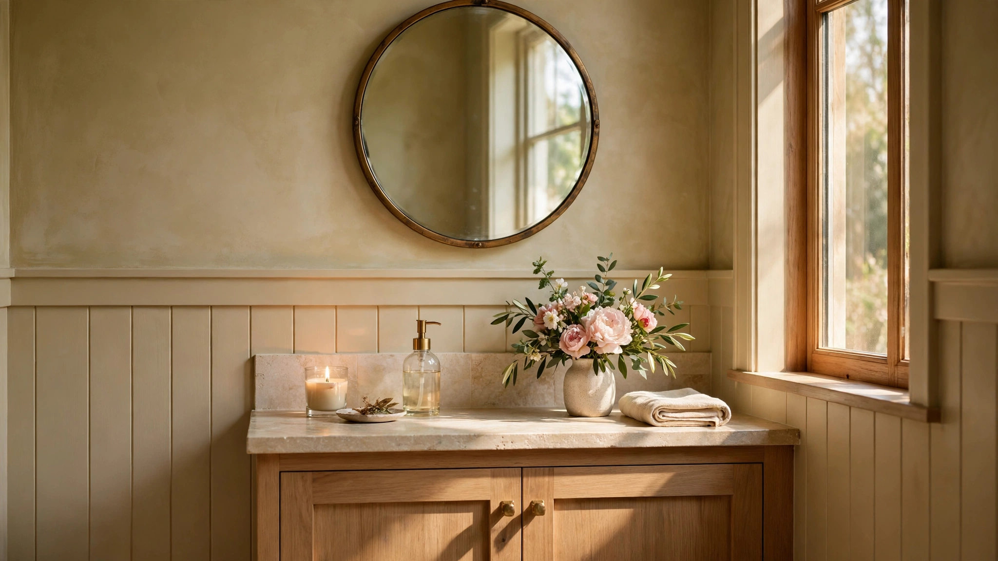 Powder room finished with scented candle, soap dispenser and fresh flowers