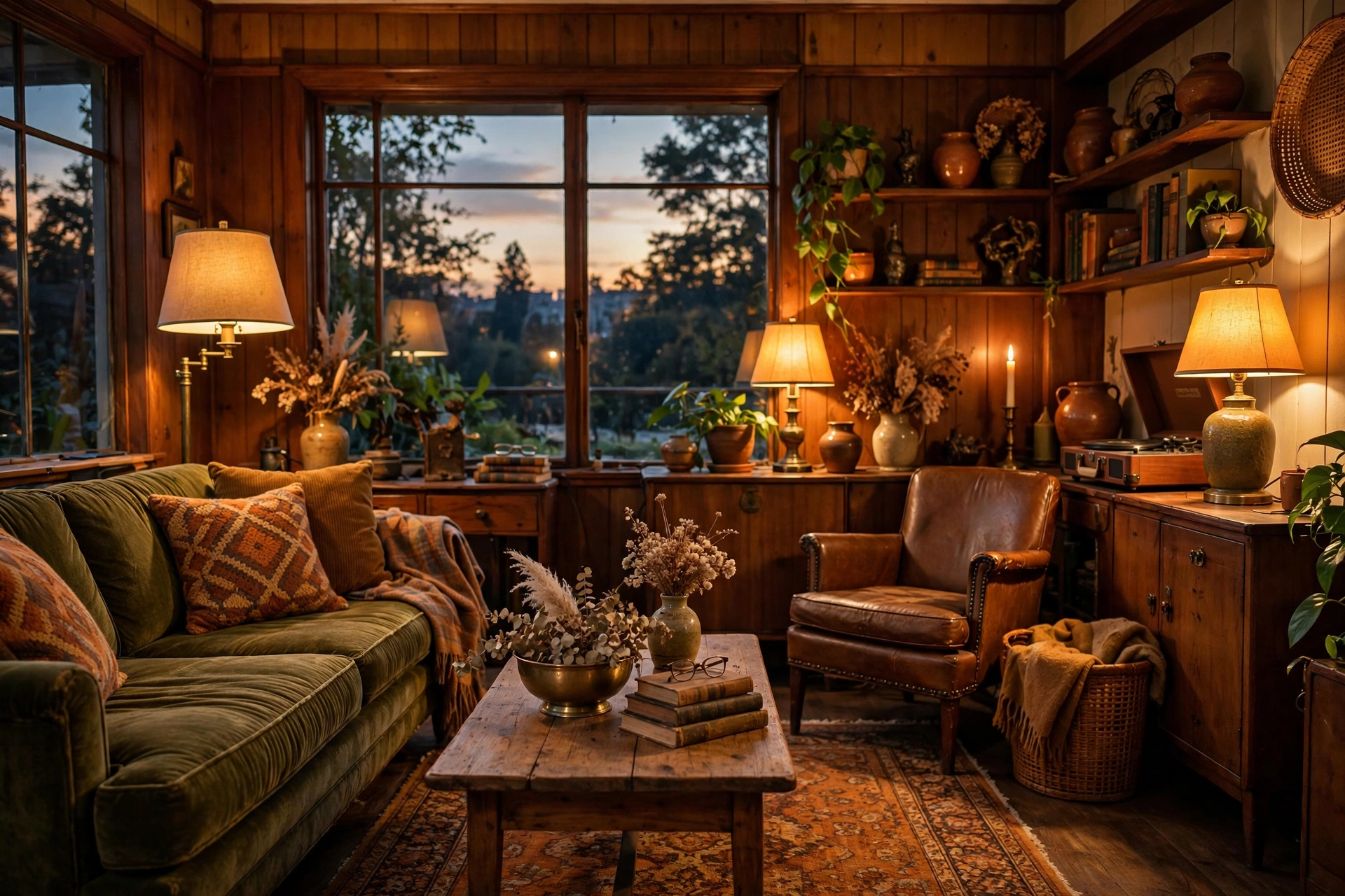 Vintage living room glowing with warm lamps in the evening
