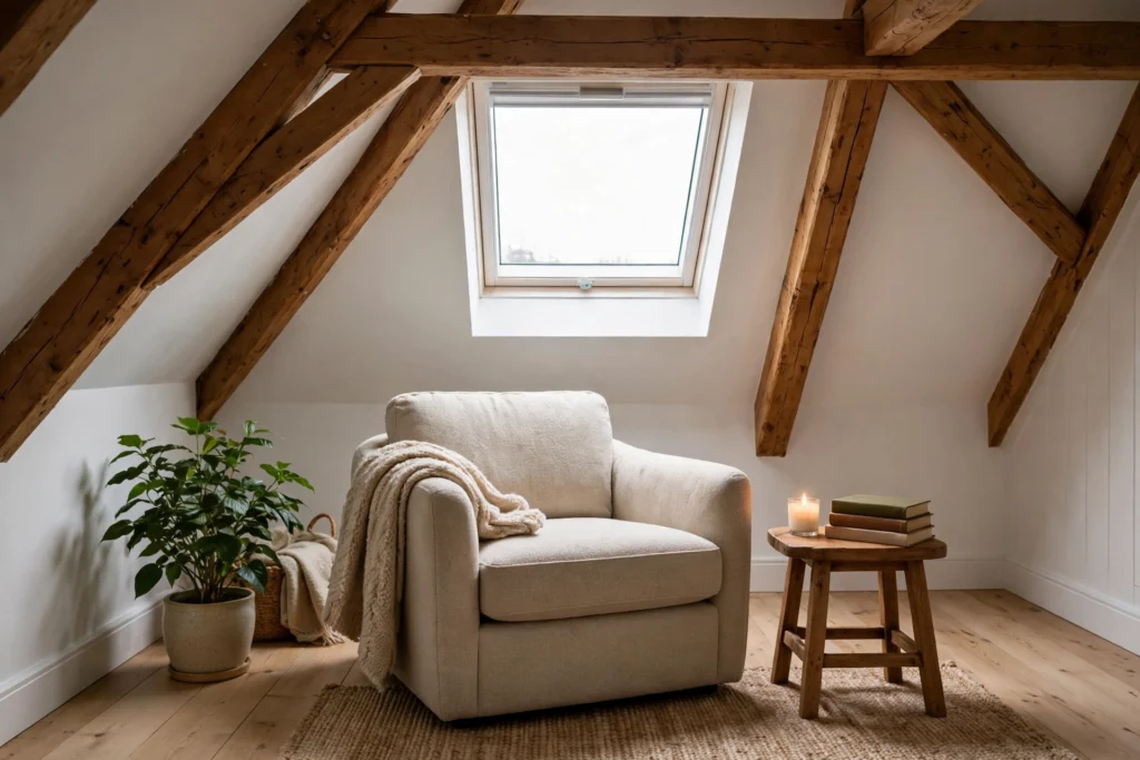 Personal cozy reading nook in an attic with skylight, plant and candle