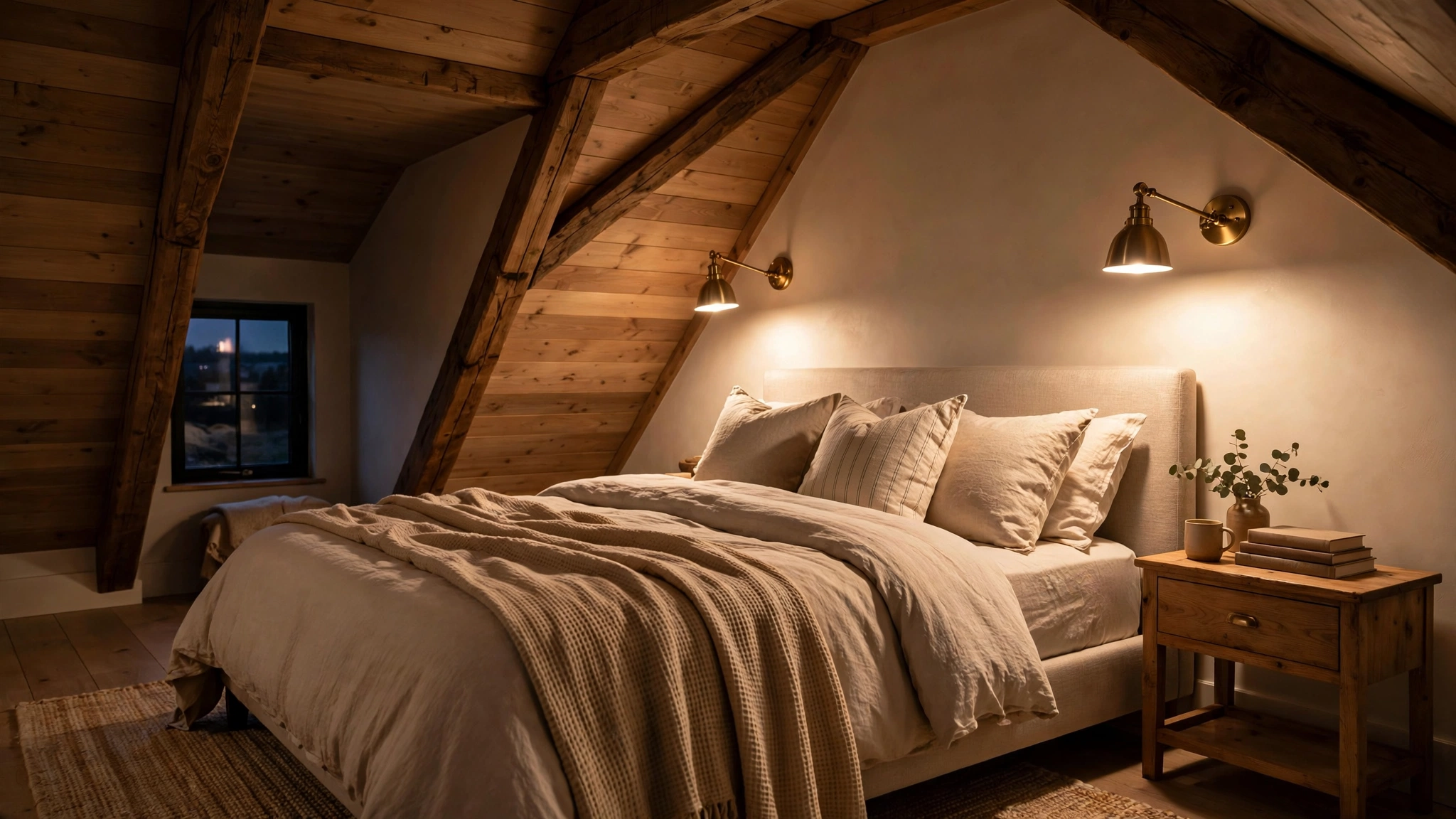 Attic bedroom bed with swing-arm wall sconces under a sloped ceiling