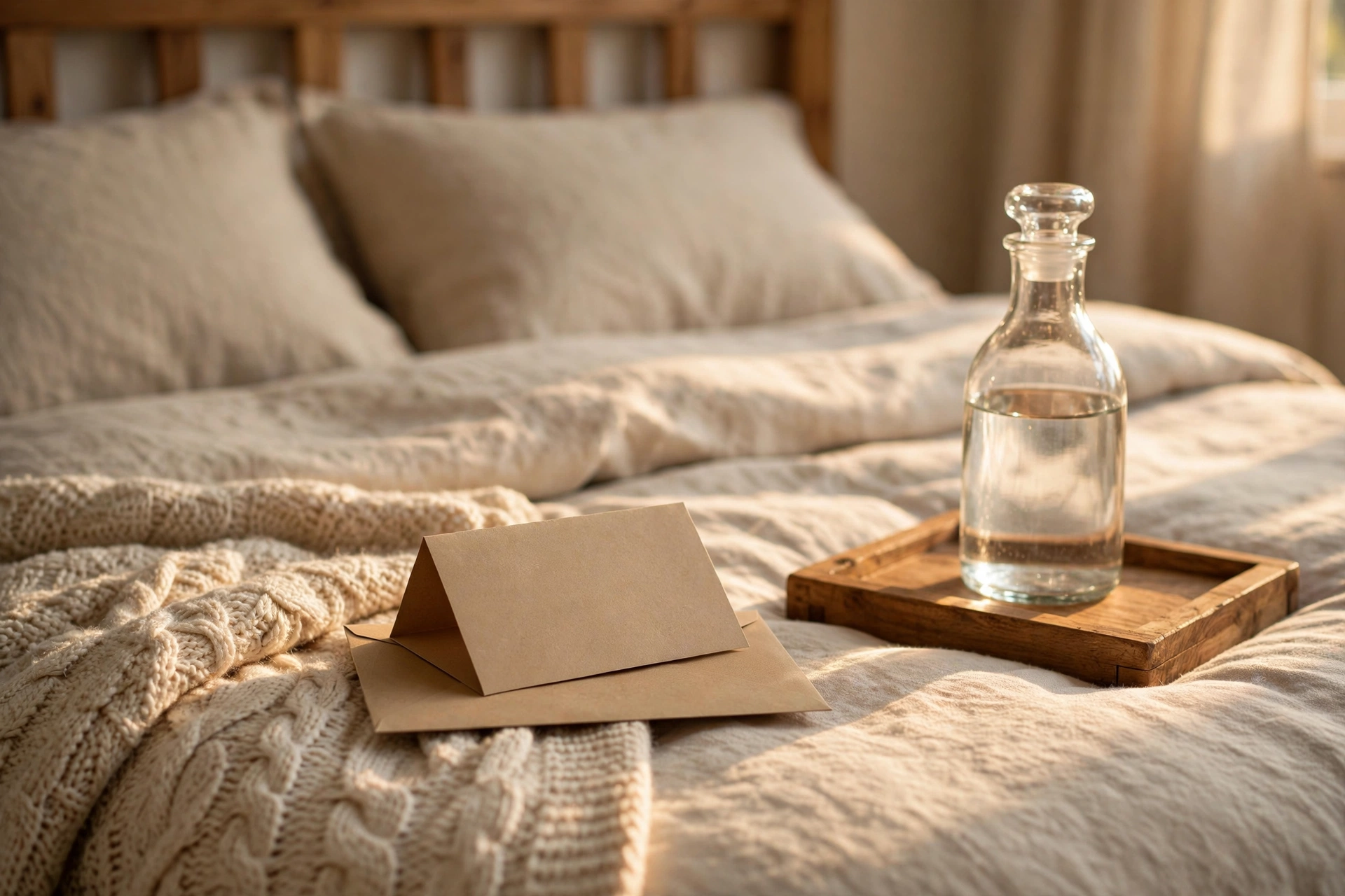 Guest bedroom design ideas with a handwritten welcome note and house guide on the bed