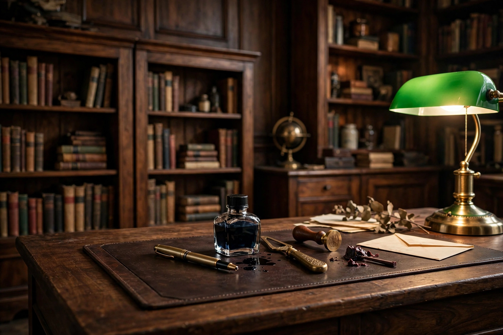 Fountain pen, ink bottle and brass desk details styled on a vintage home office desk