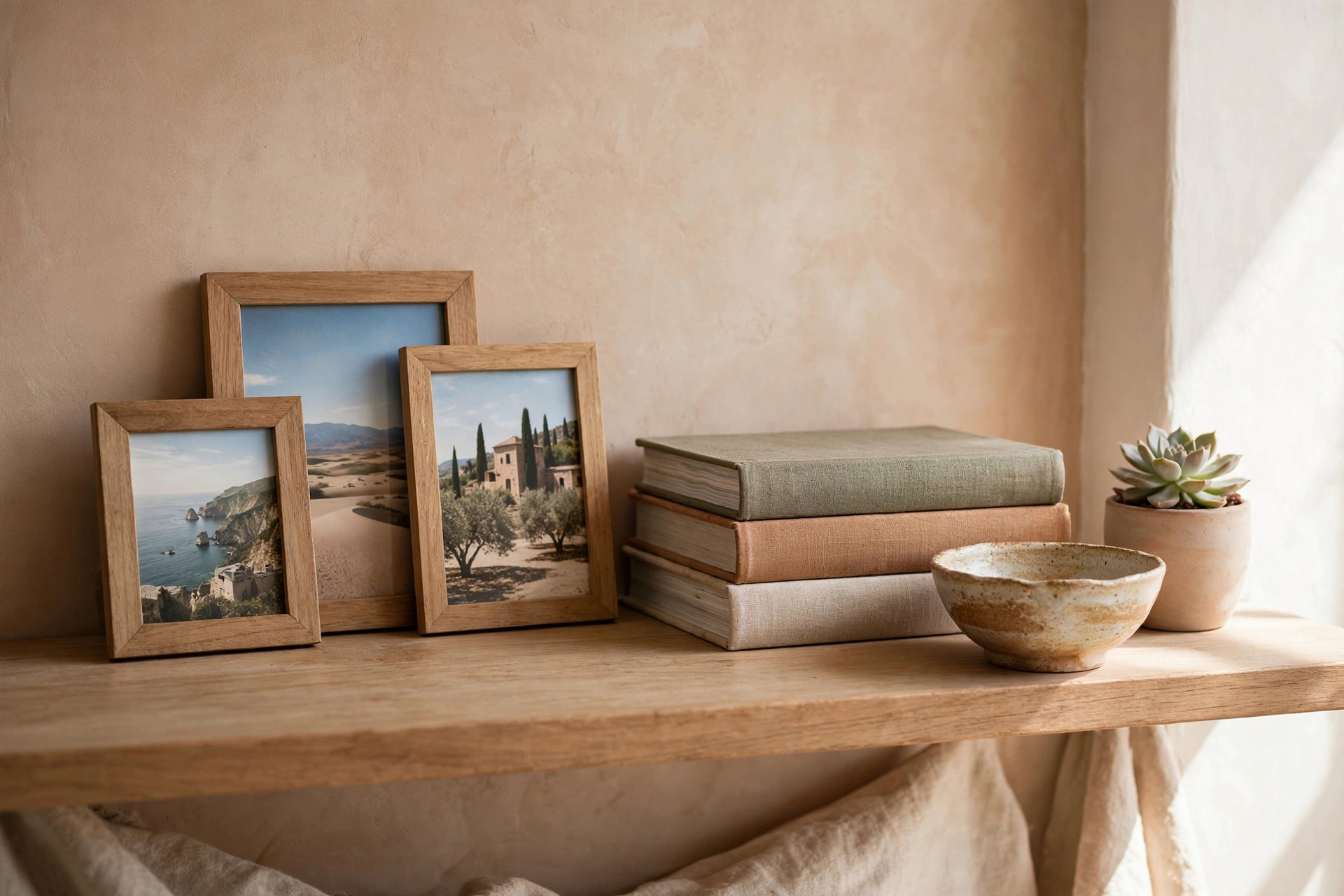 Boho shelf styled with travel photos, ceramics and art books