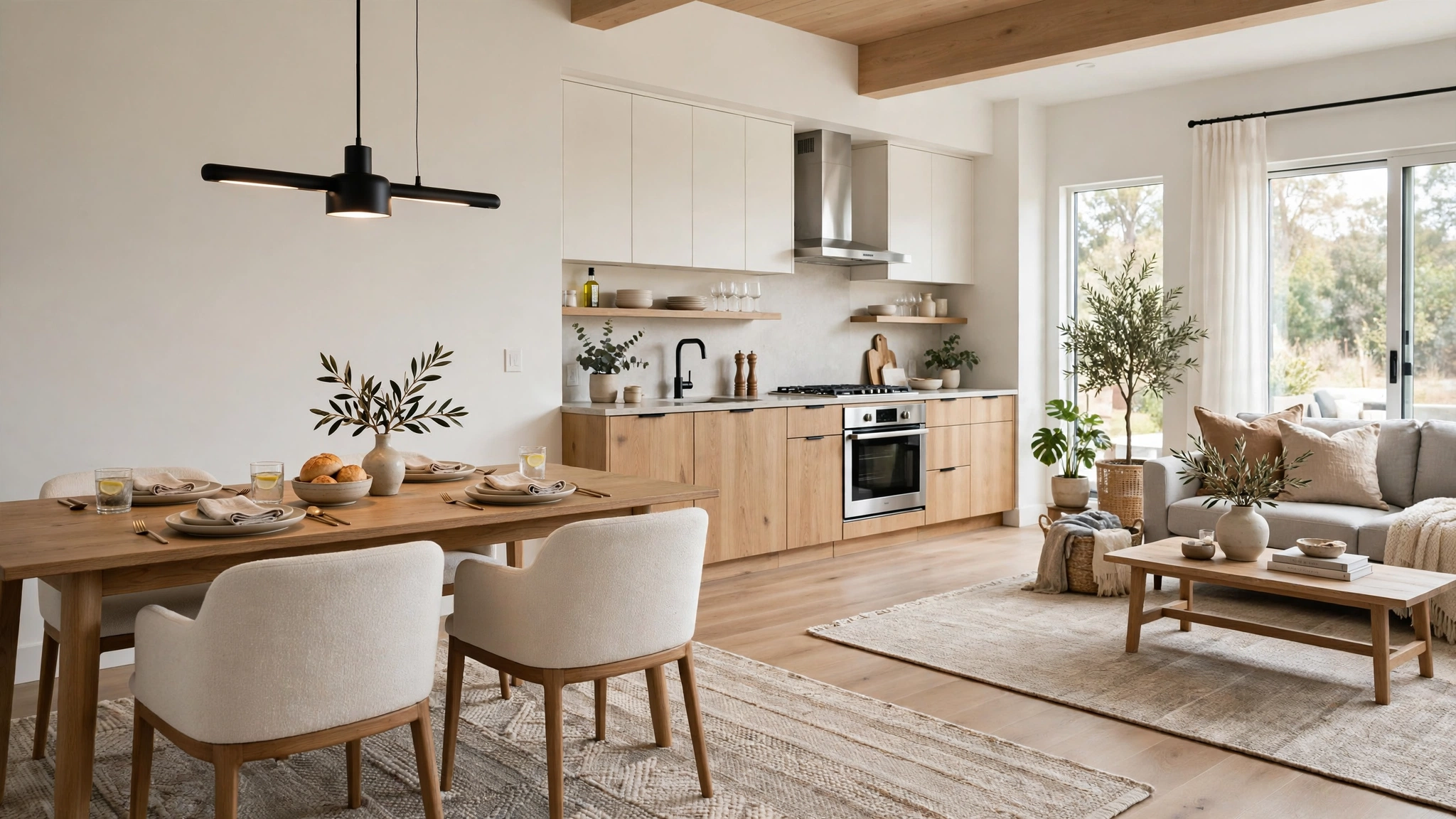 Open-plan modern dining area zoned with an area rug and low-hung pendant over the table