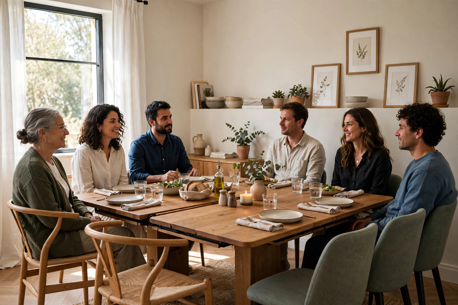 Expandable dining table with leaf extended, seating six in a compact dining room