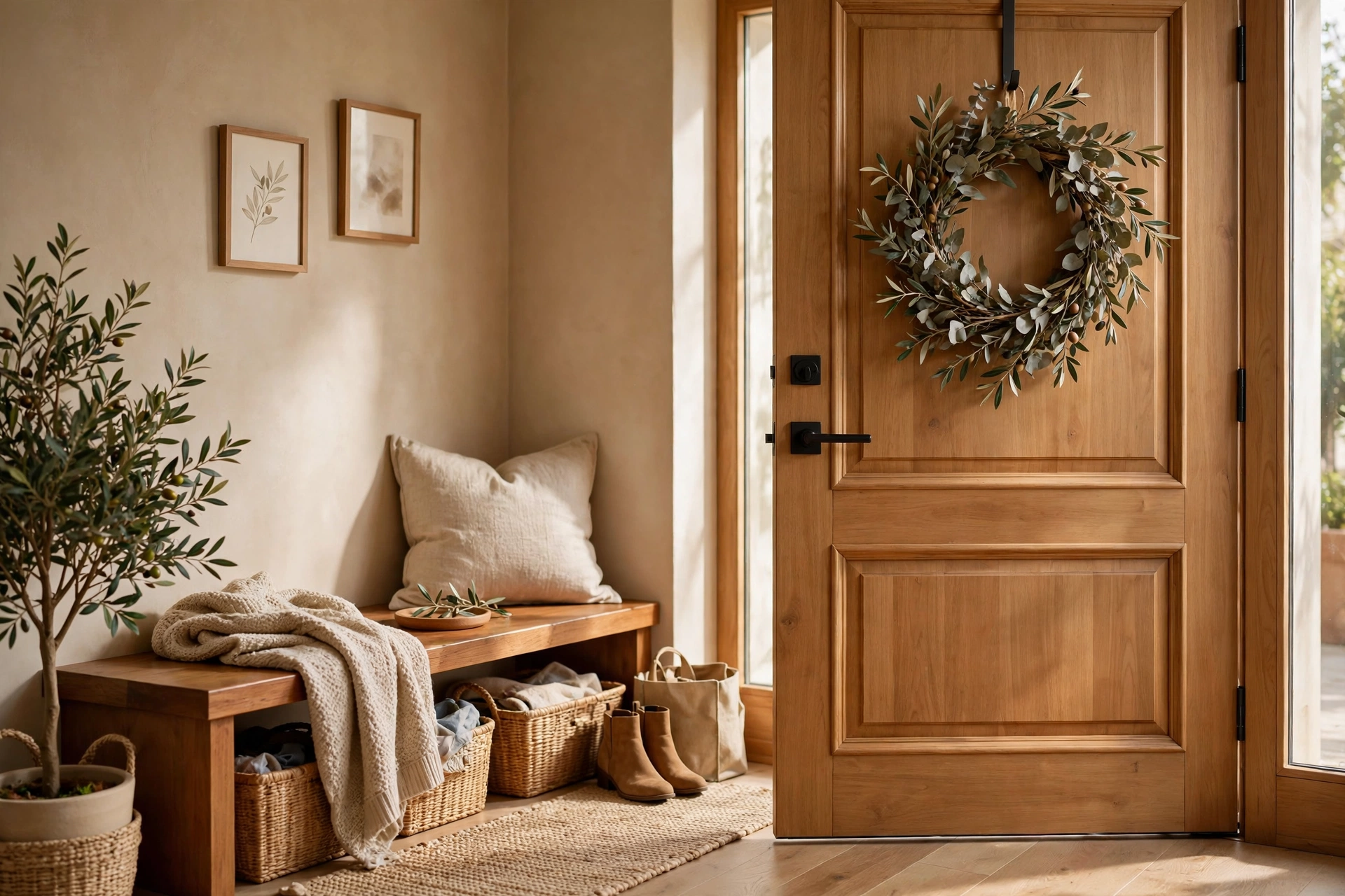 Dried eucalyptus wreath hanging on the inside of a front door in a cozy entryway