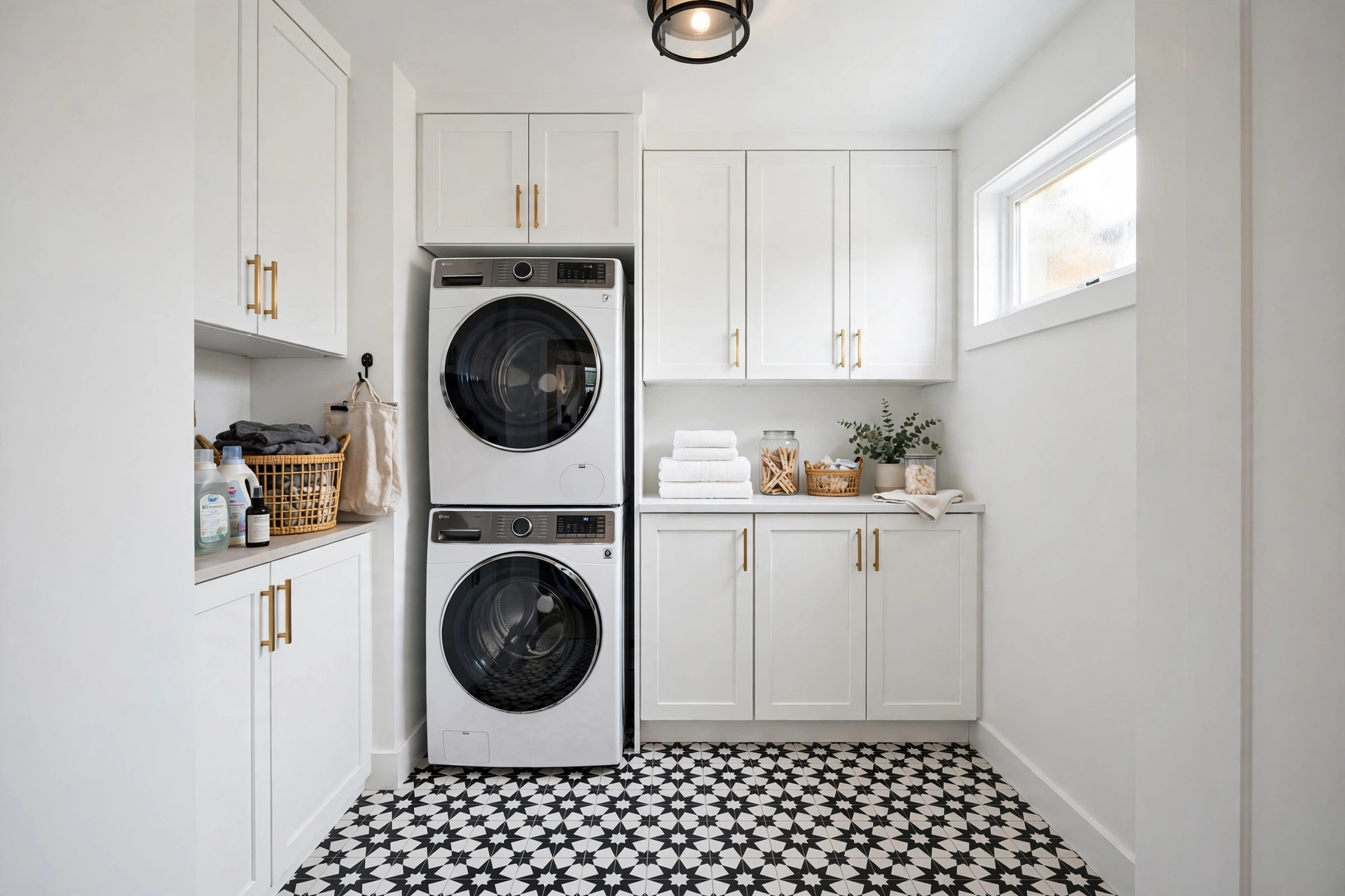 Bold patterned black and white floor tile as a design feature in a small laundry room