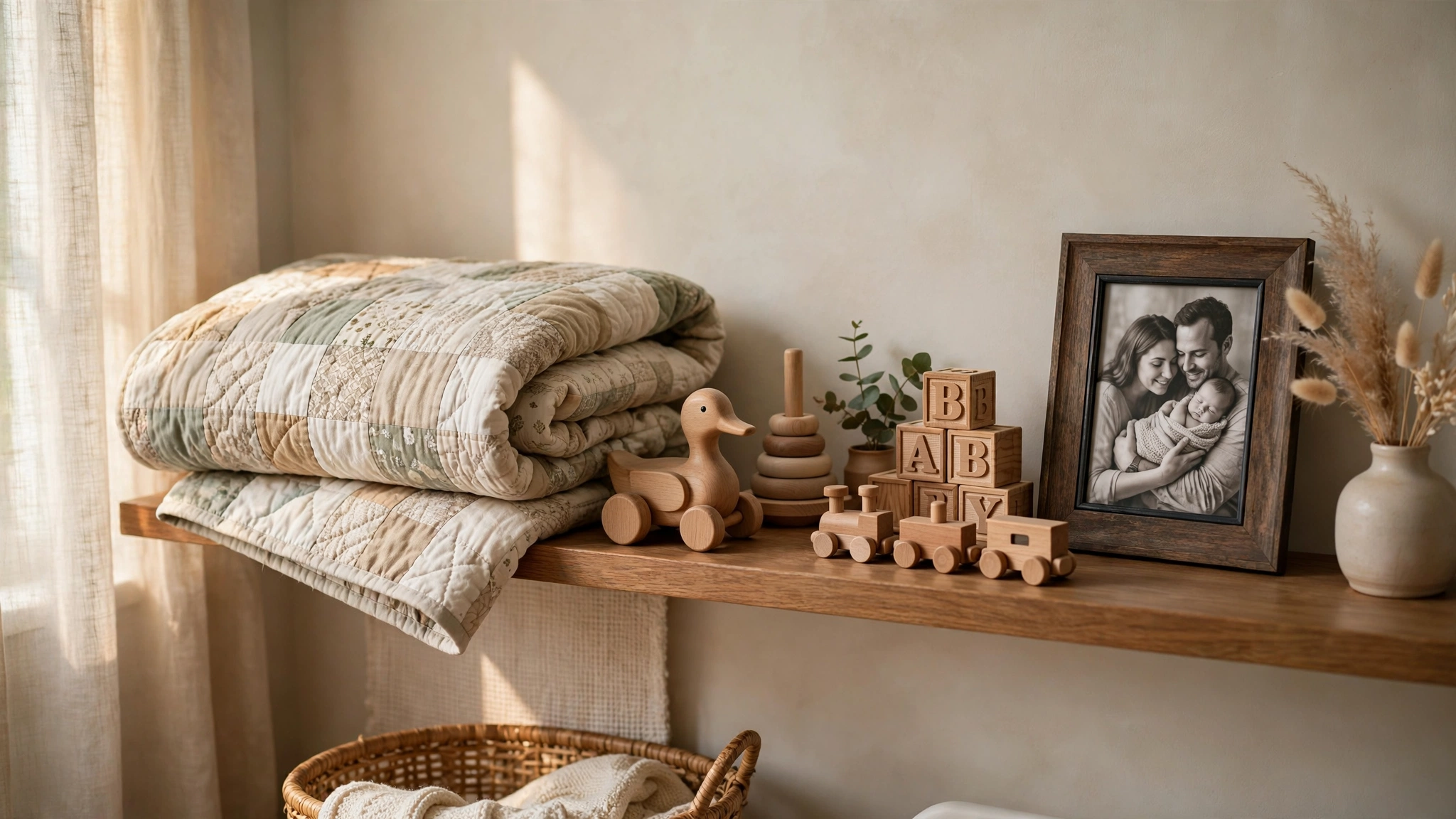 Nursery shelf displaying handmade quilt, heirloom toys and framed family photo
