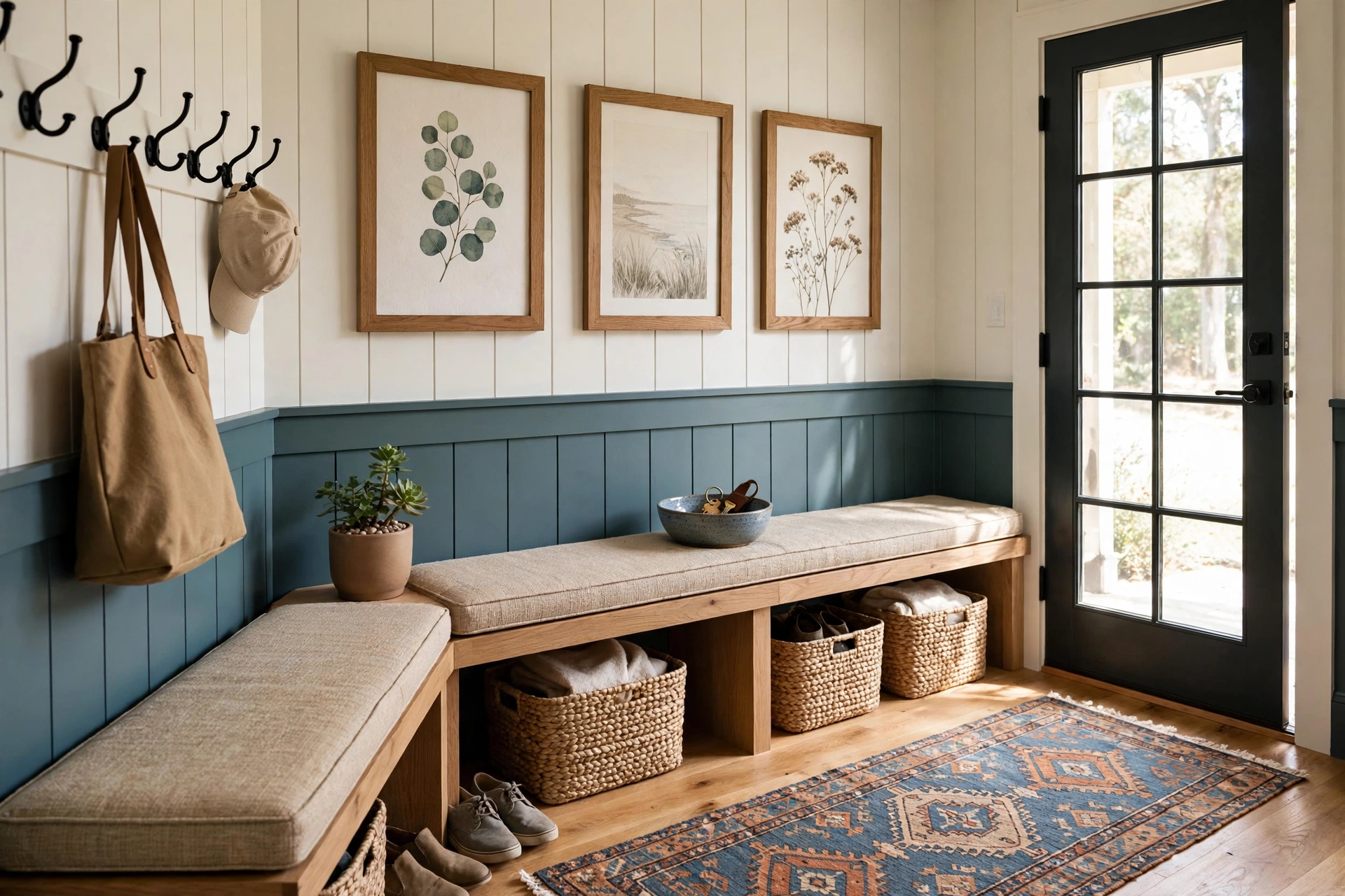 Styled mudroom design ideas with art, a small plant and a patterned runner by the door