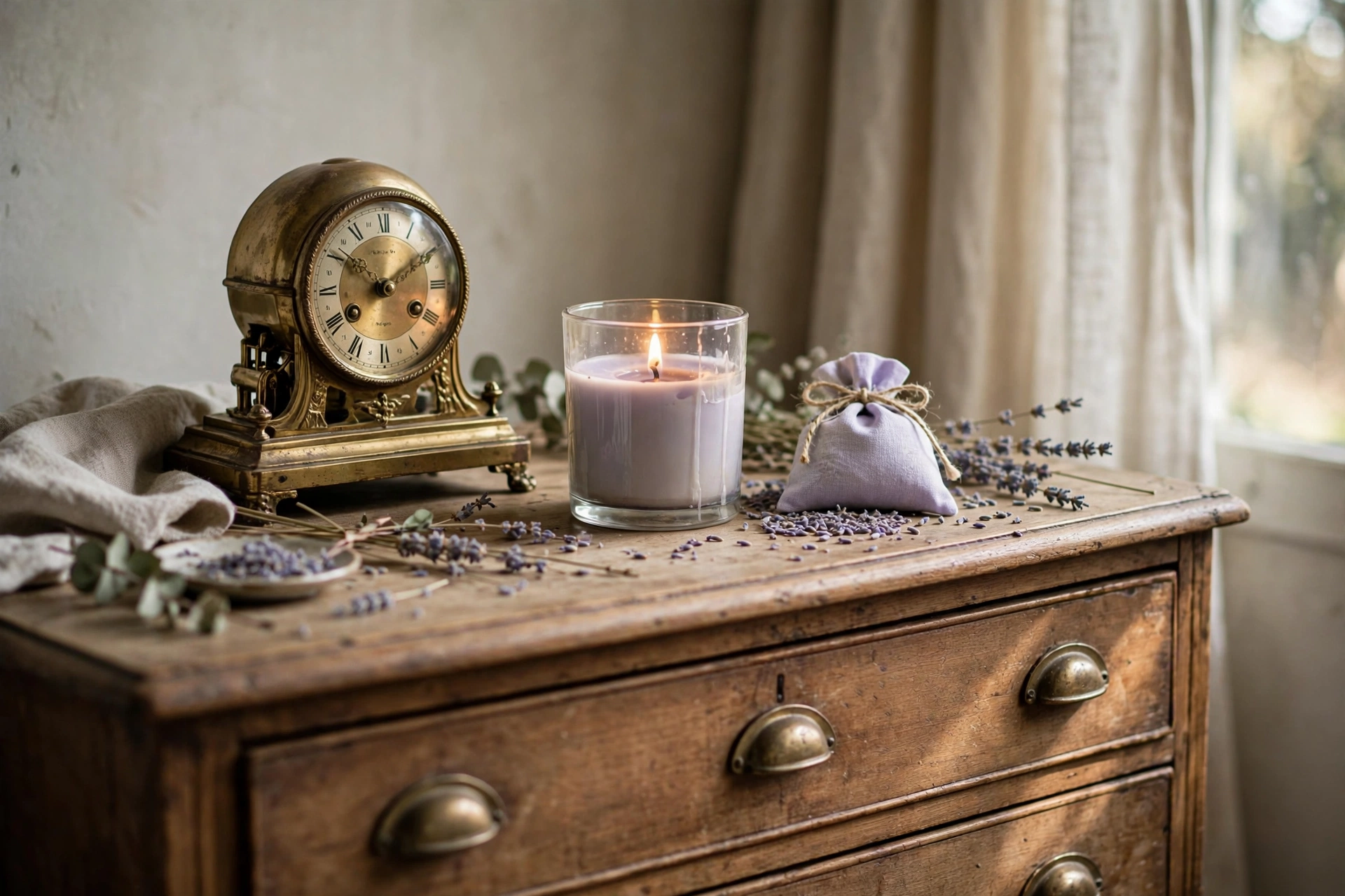 Vintage bedroom design ideas with a scented candle and ticking mantel clock on the dresser