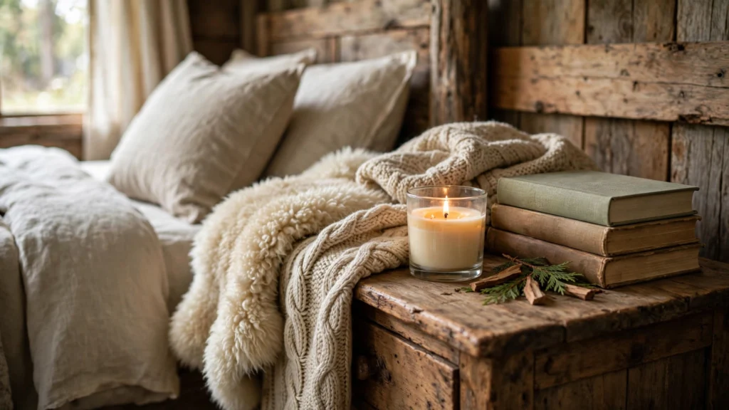 Rustic bedroom design ideas with sheepskin throw, knit blanket and cedar candle details