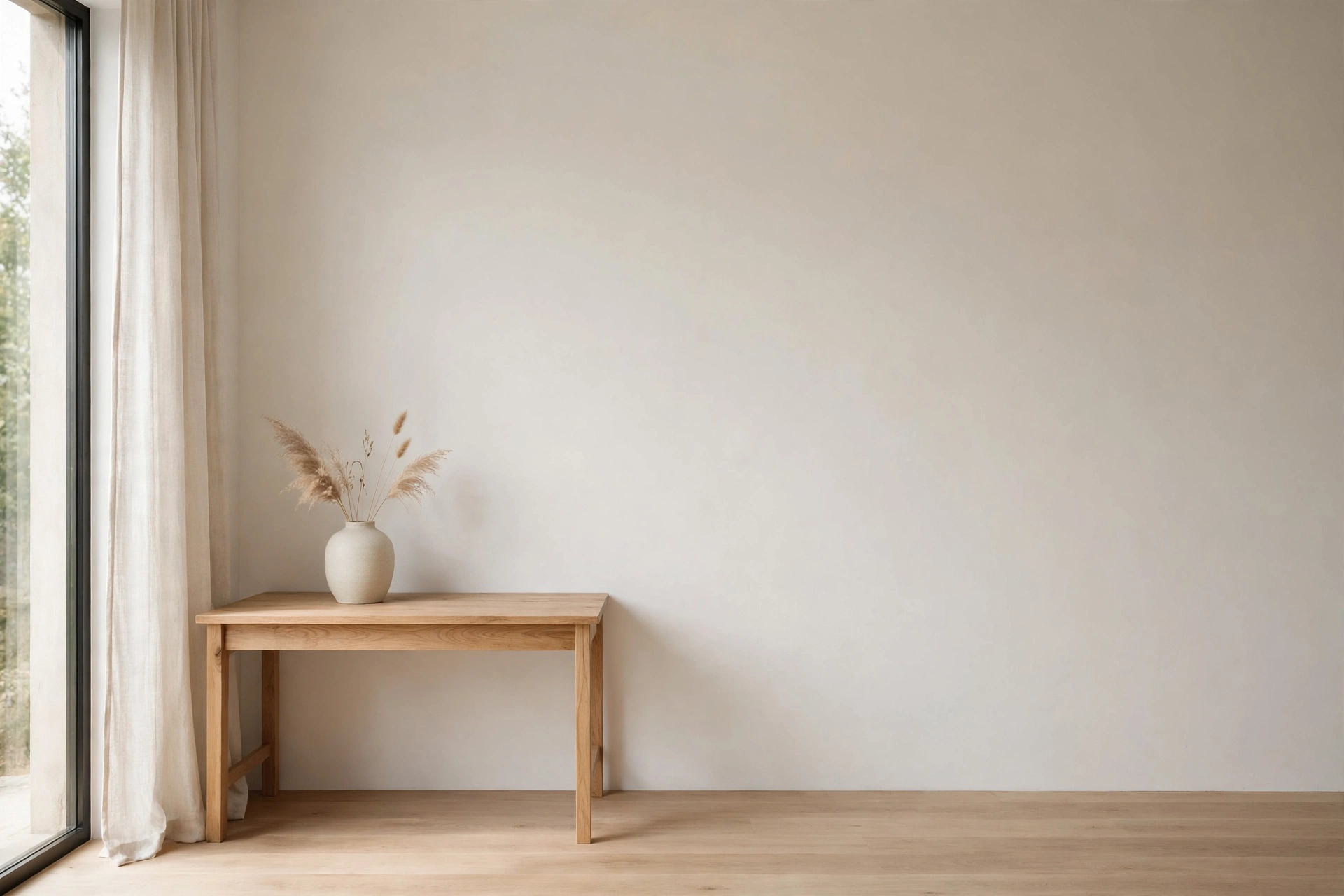 Minimalist Japandi home office corner with mindful empty space and clear surfaces