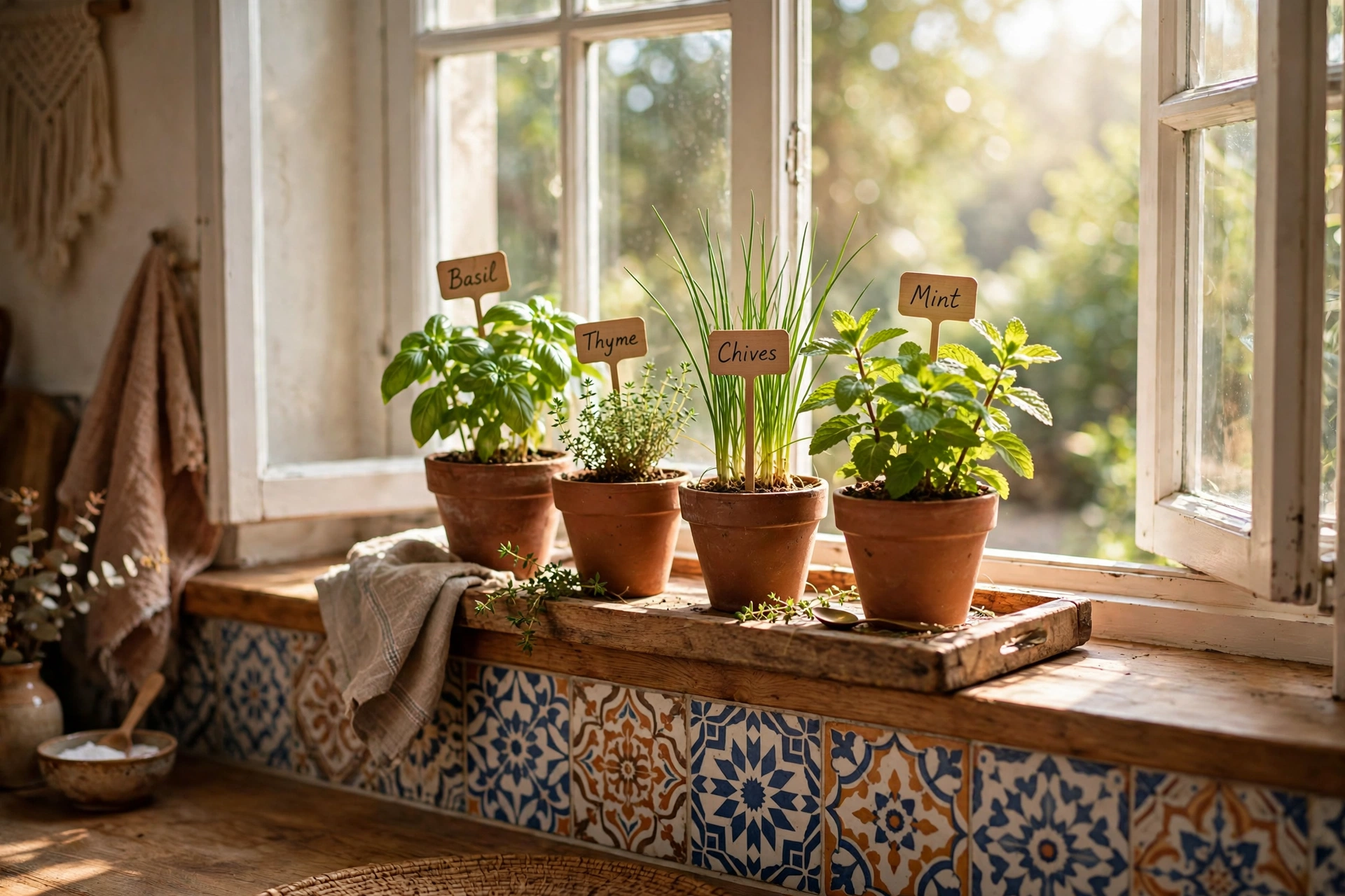 Boho kitchen design ideas with terracotta pots of basil, thyme, chives and mint lined along a sunny kitchen windowsill