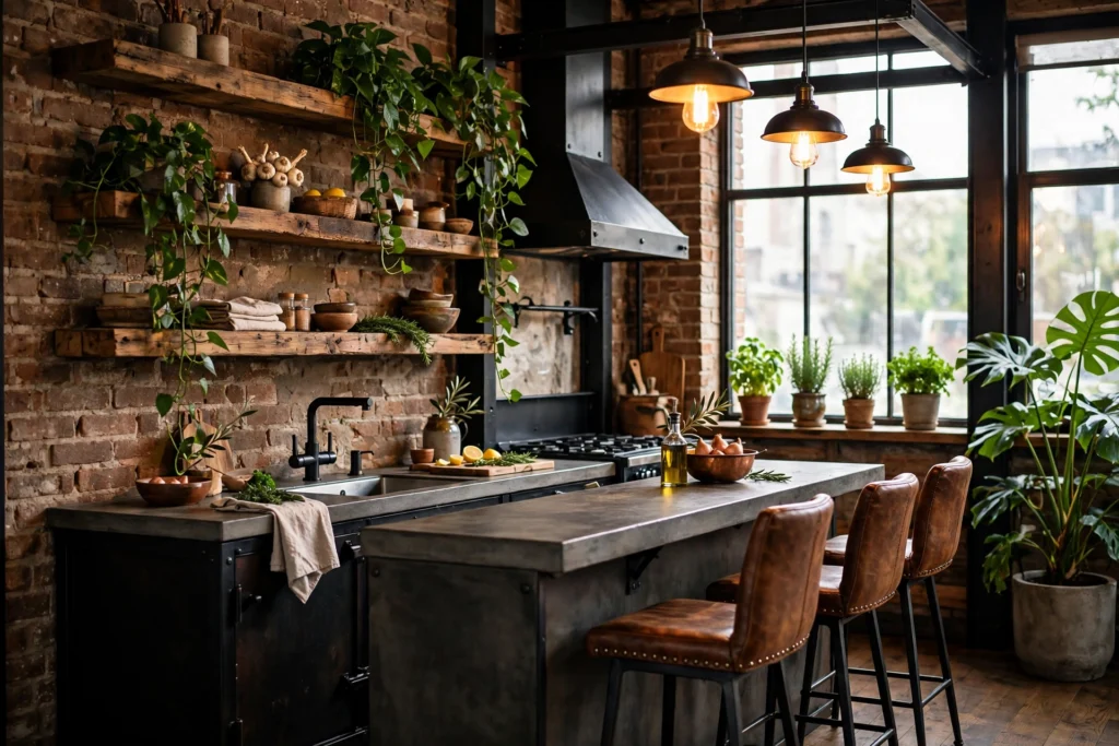 Industrial kitchen design ideas warmed up with reclaimed wood shelves, leather stools and trailing green plants