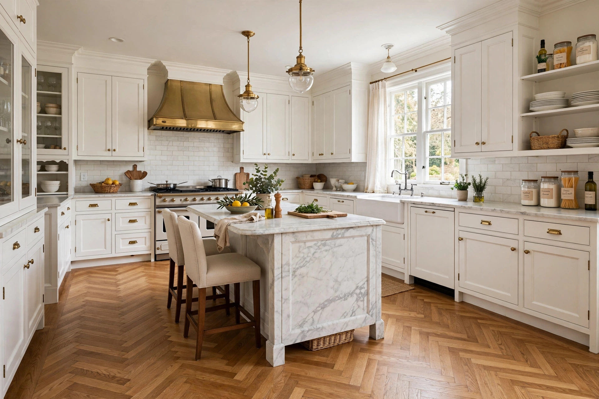 Traditional kitchen design ideas with herringbone oak hardwood flooring in a warm natural finish