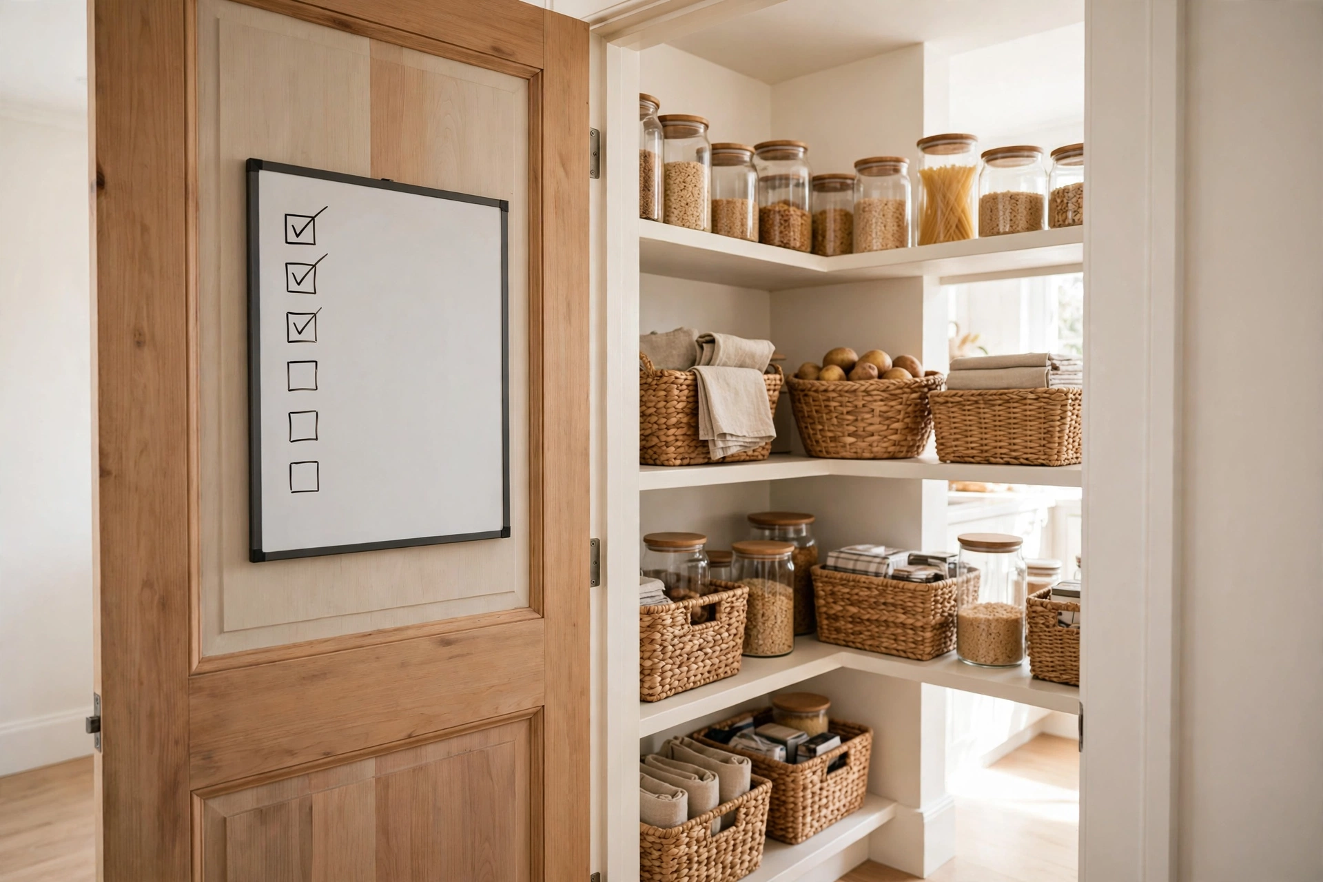 Whiteboard inventory list on a pantry door with neatly organized shelves behind