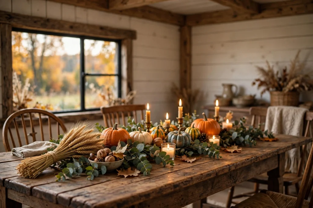 Farmhouse dining table styled with seasonal decor, pumpkins and an autumn garland