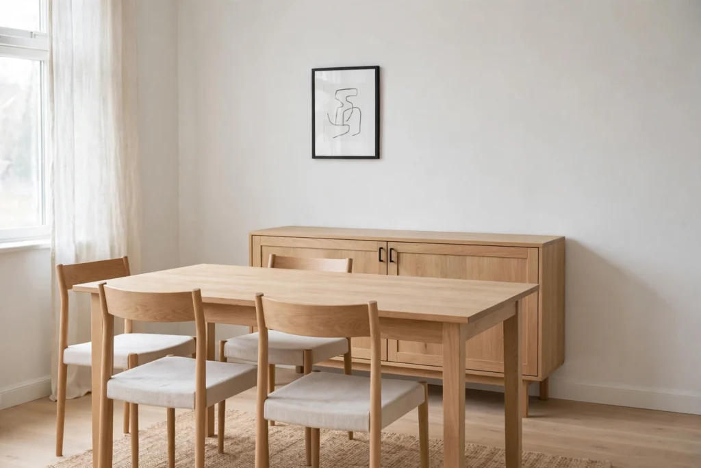 Tidy clutter-free Scandinavian dining room with clear table and hidden storage sideboard