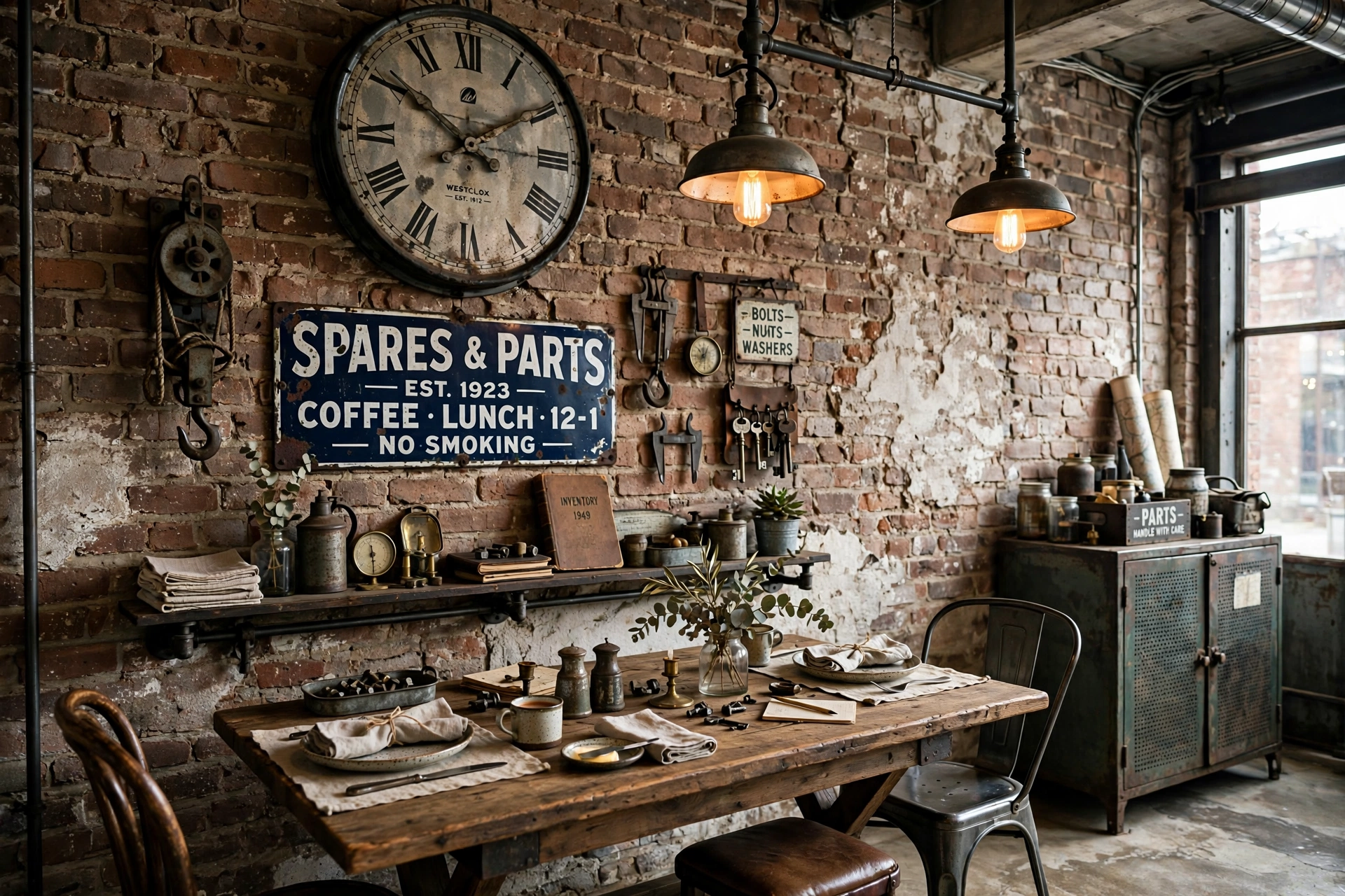 Vintage factory clock and metal signage accessories in an industrial dining room