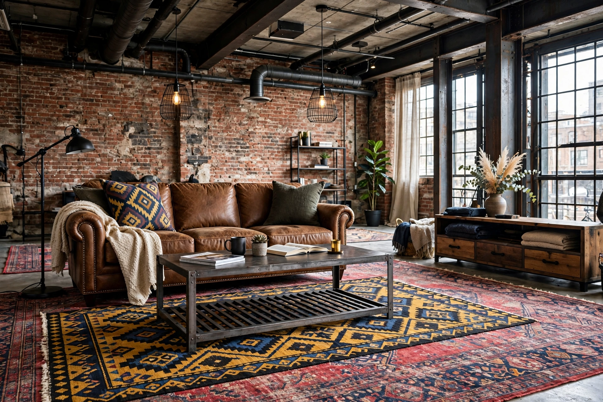 Large vintage-look patterned rug grounding the seating area in an industrial living room