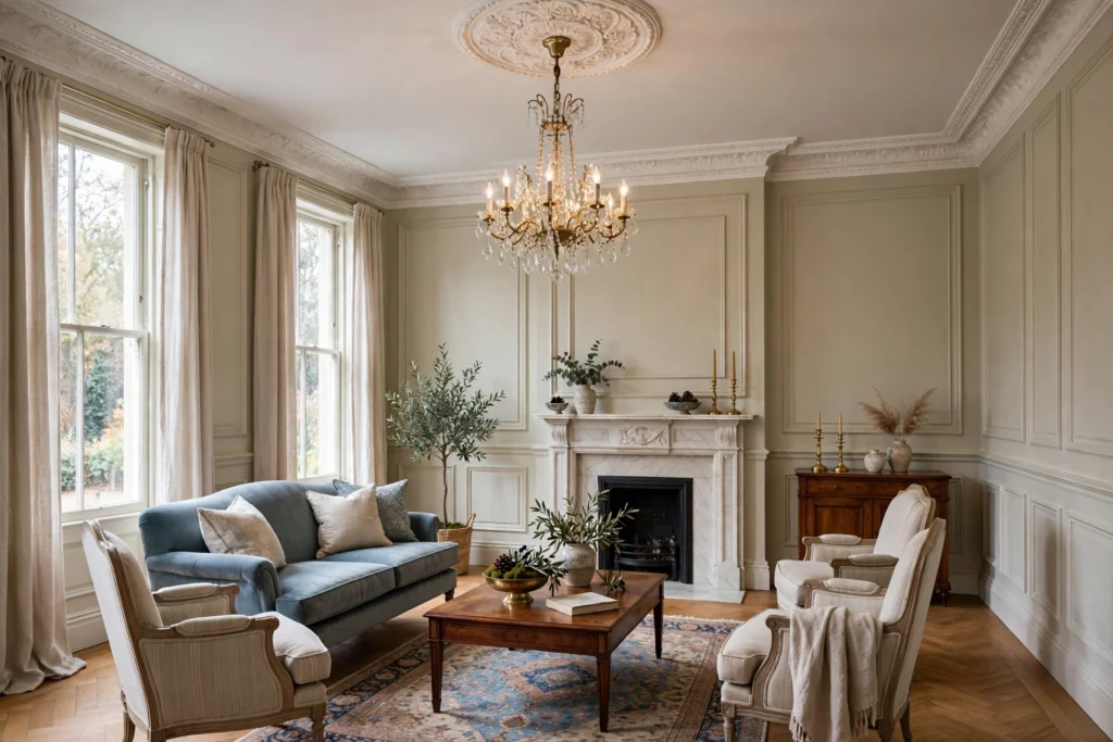 Traditional living room design ideas with crown molding and architectural details for timeless charm
