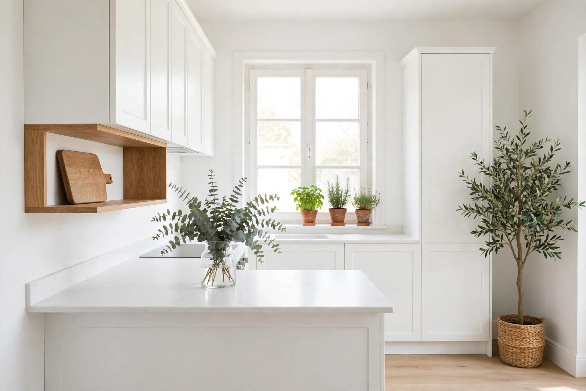 Bright white kitchen styled with potted herbs, olive tree, and oak shelf