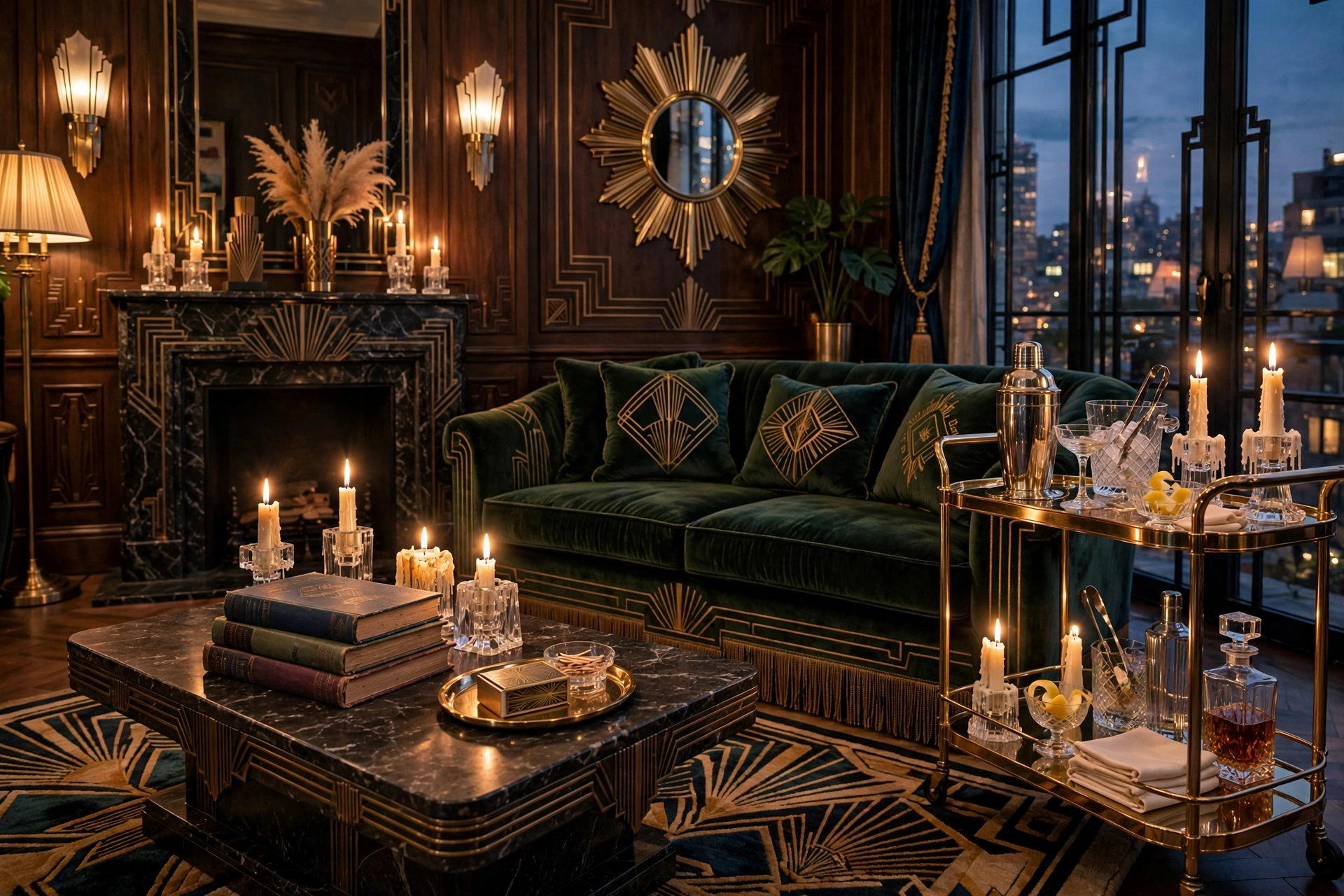 Art deco living room design ideas with Gatsby-era styling, candles and cocktail details