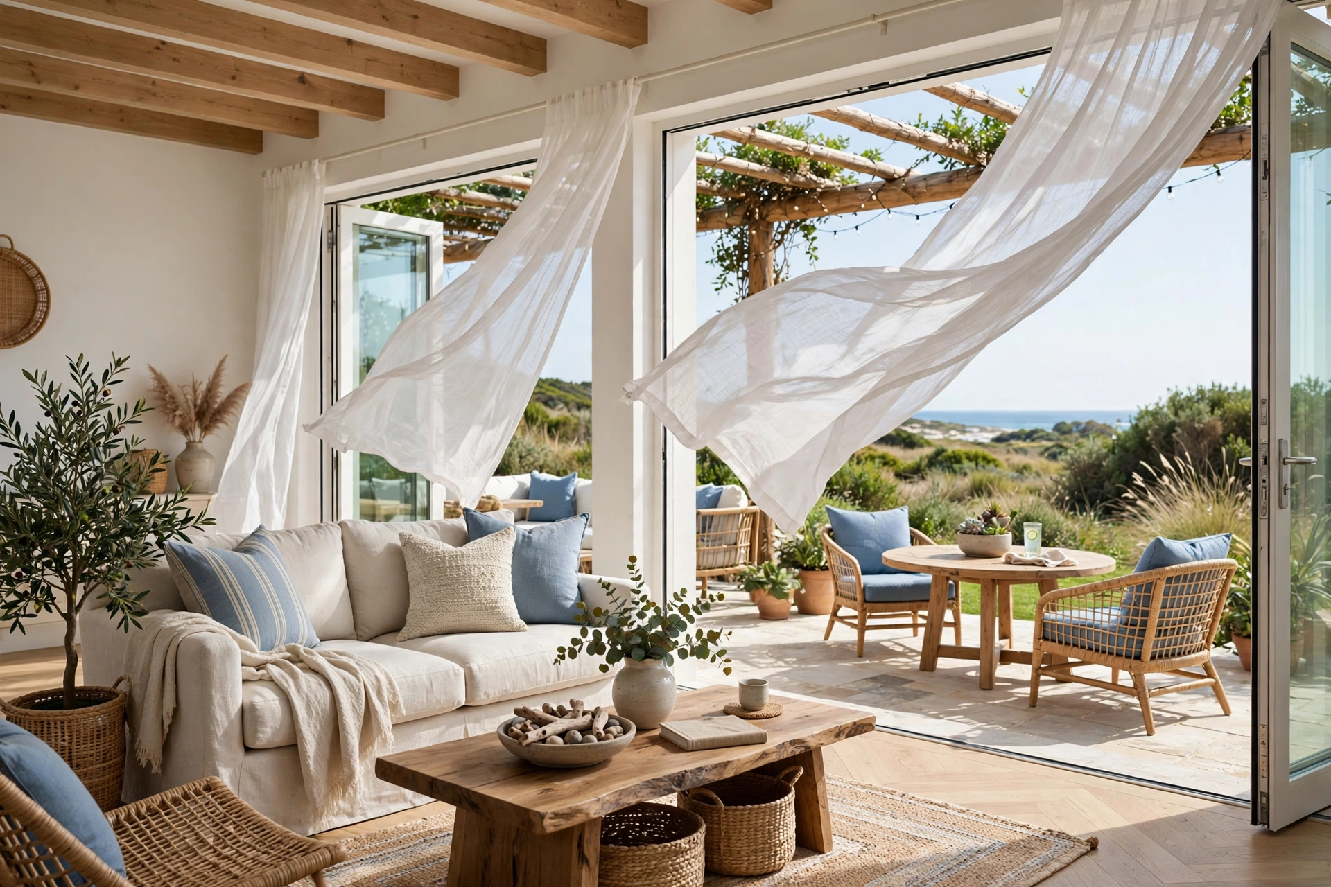 Coastal living room design ideas flowing to an outdoor patio with open glass doors