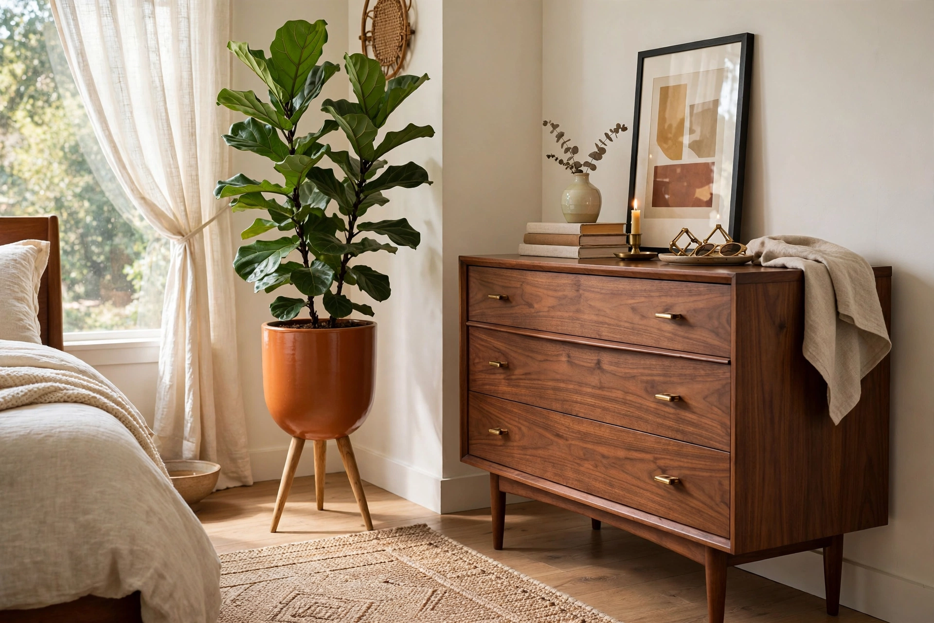 Mid-century modern bedroom corner with fiddle-leaf fig in a bullet planter on tripod stand