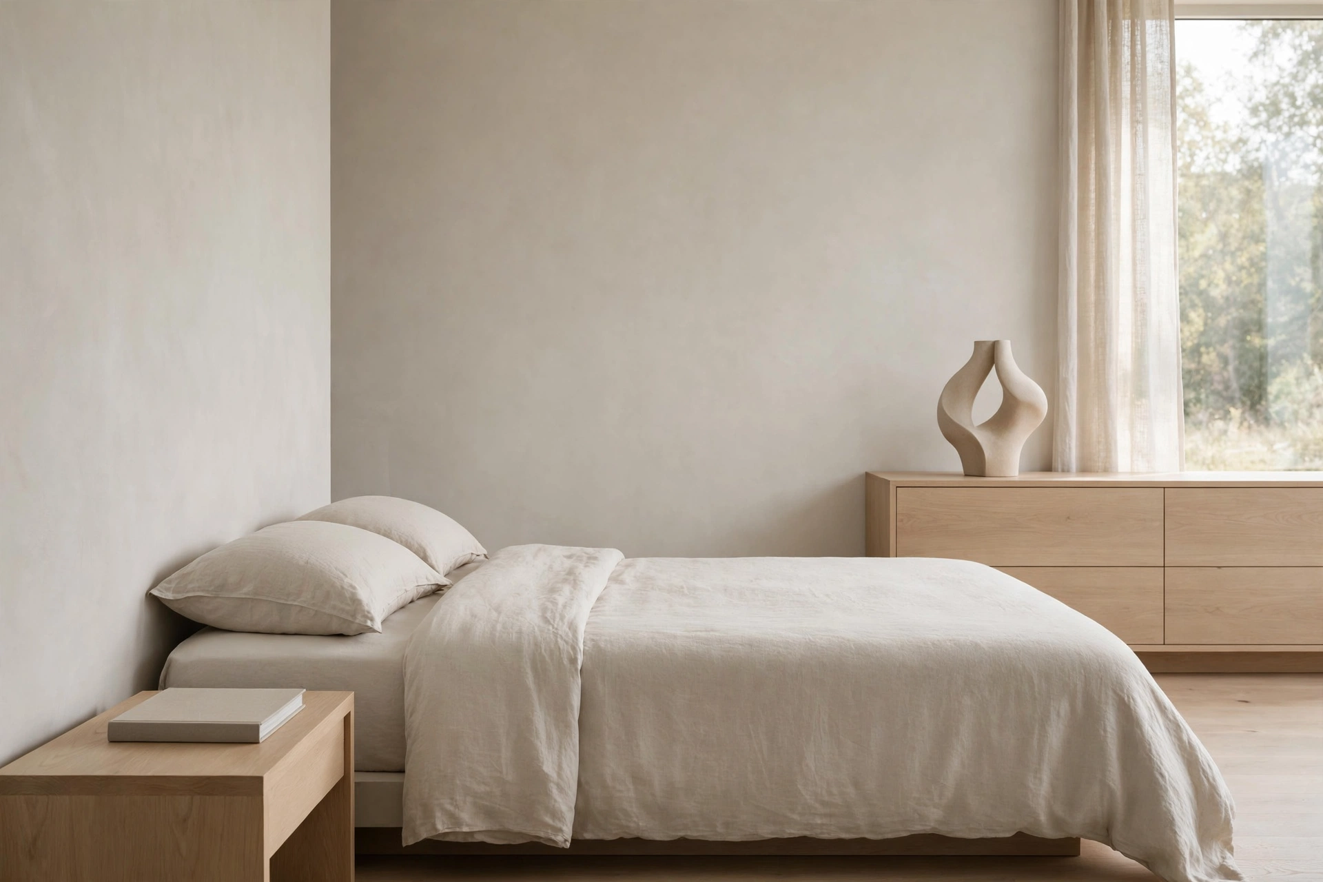 Serene contemporary bedroom with clear surfaces, curated objects and breathing room