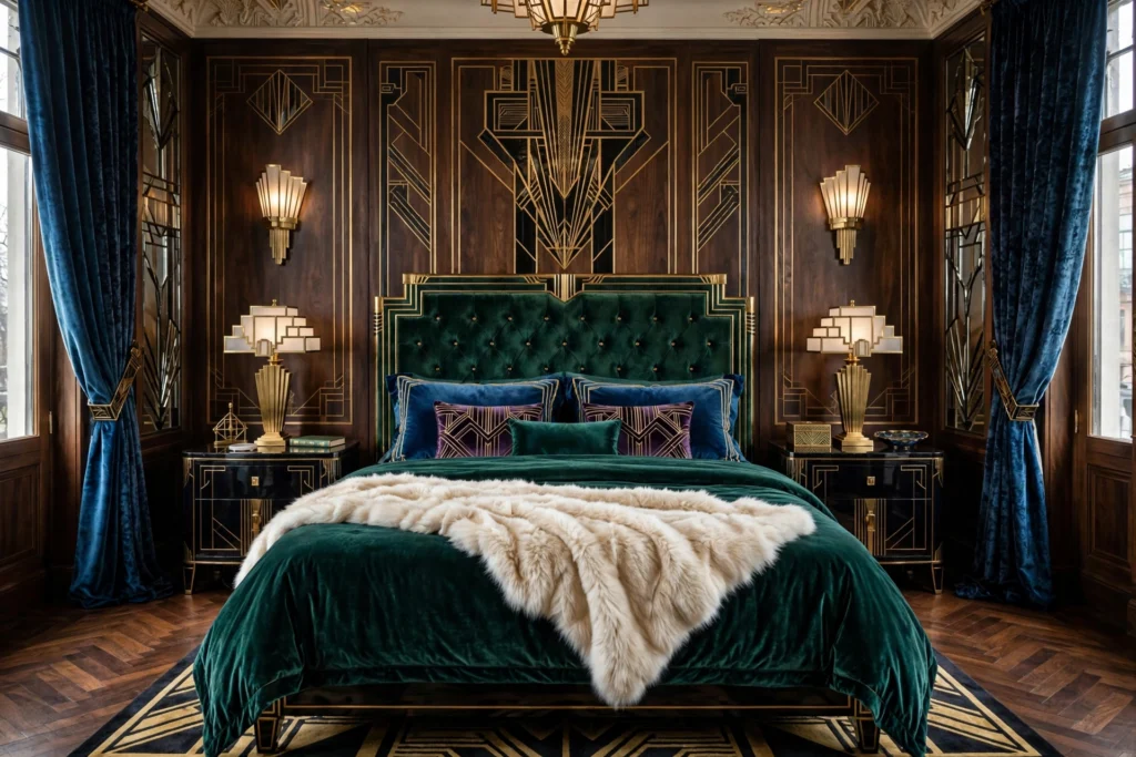 Art deco bedroom design ideas with symmetrical jewel-toned velvet bedding and fur throw