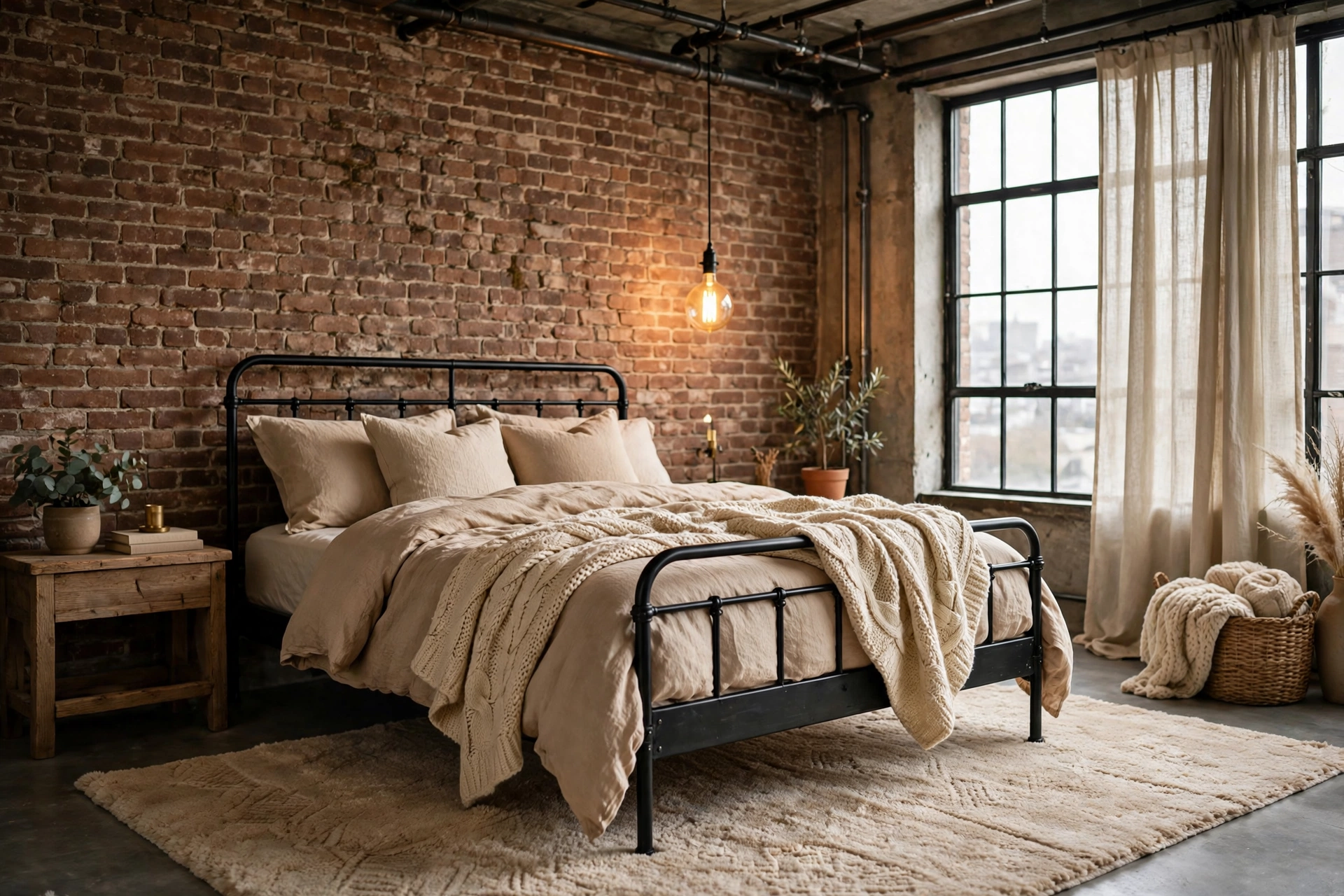 Cozy industrial bedroom balancing exposed brick with plush rug, knit throw and warm light