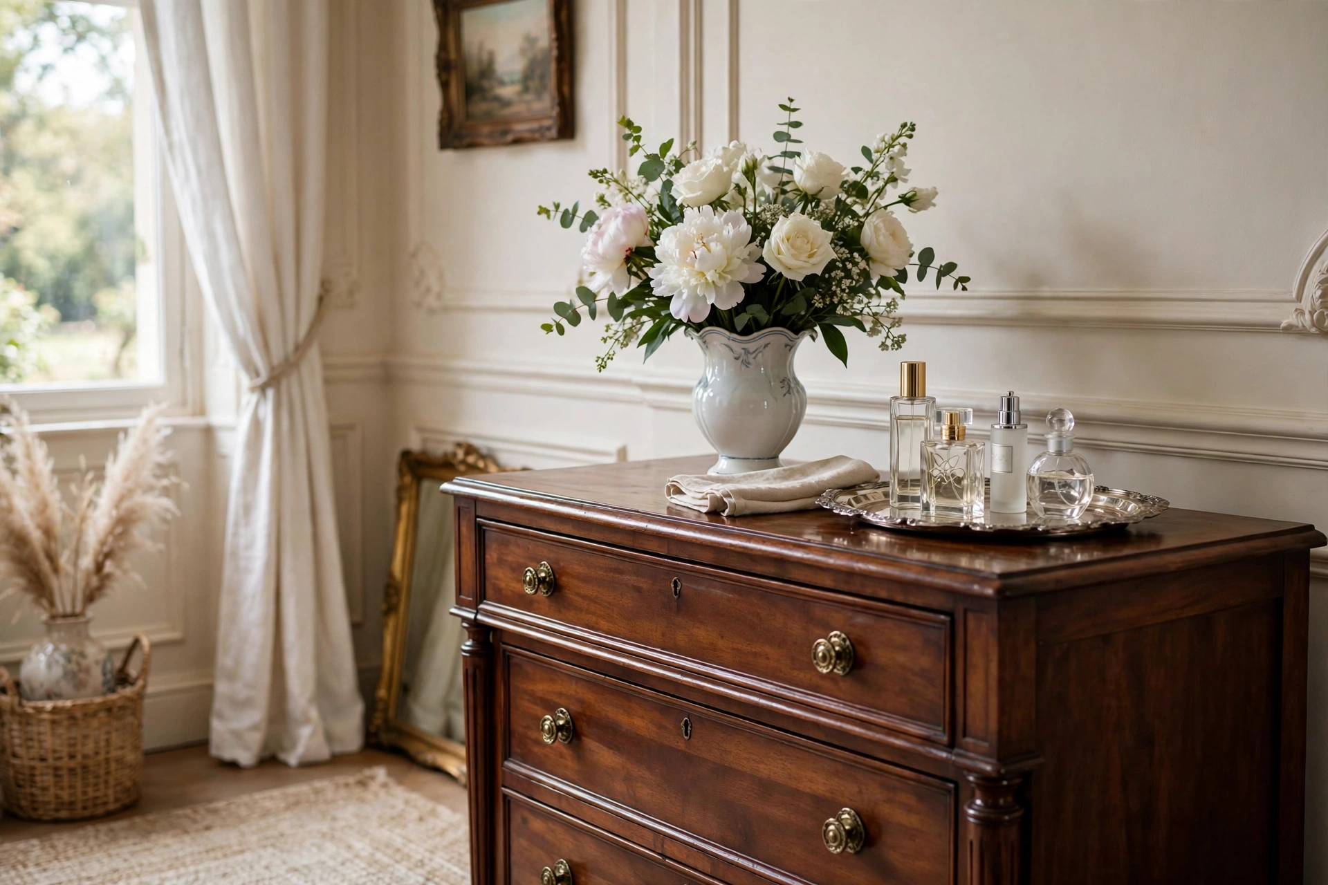 Traditional bedroom design ideas with fresh flowers and a silver tray on the dresser