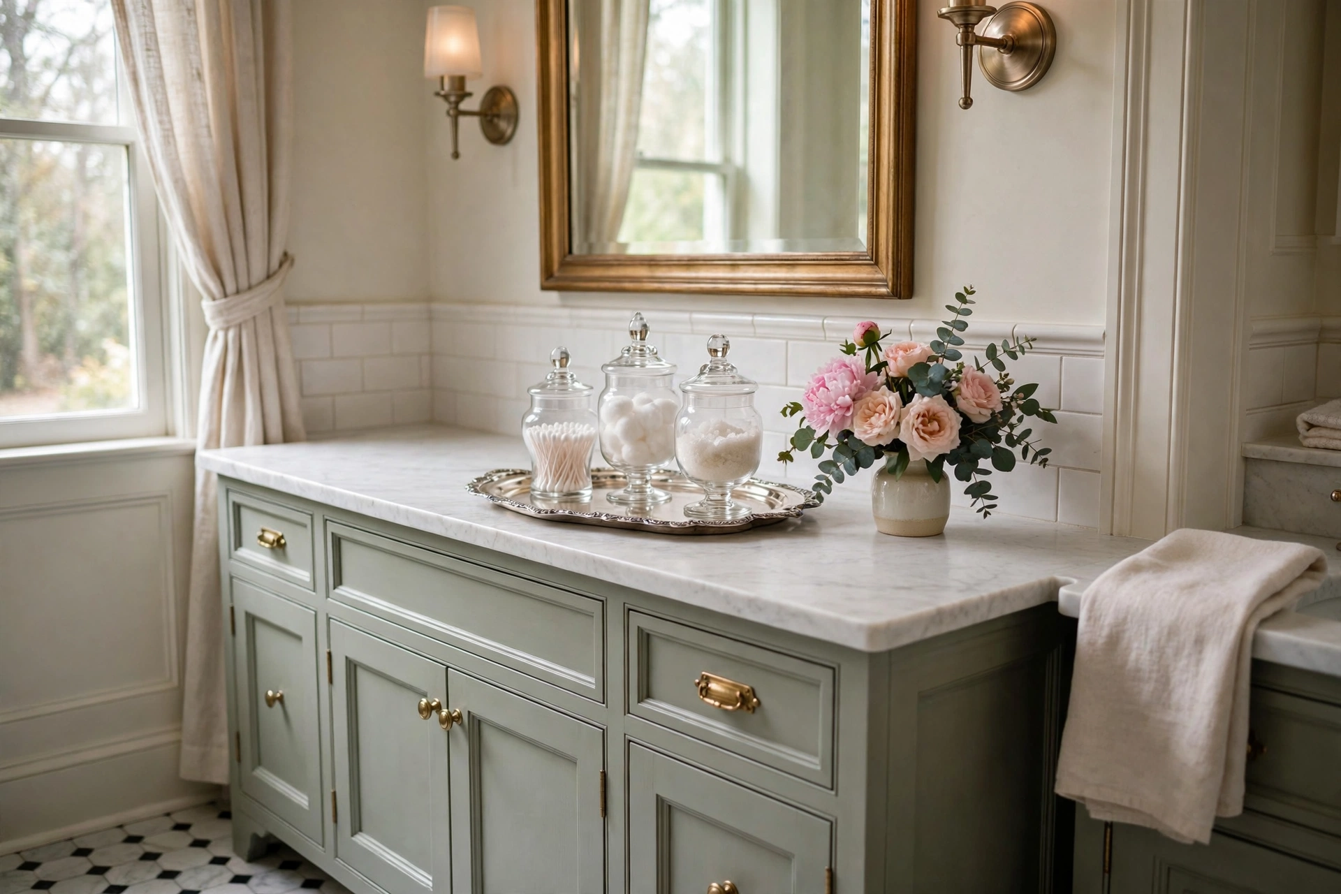 Traditional bathroom vanity styled with silver tray, apothecary jars and fresh flowers