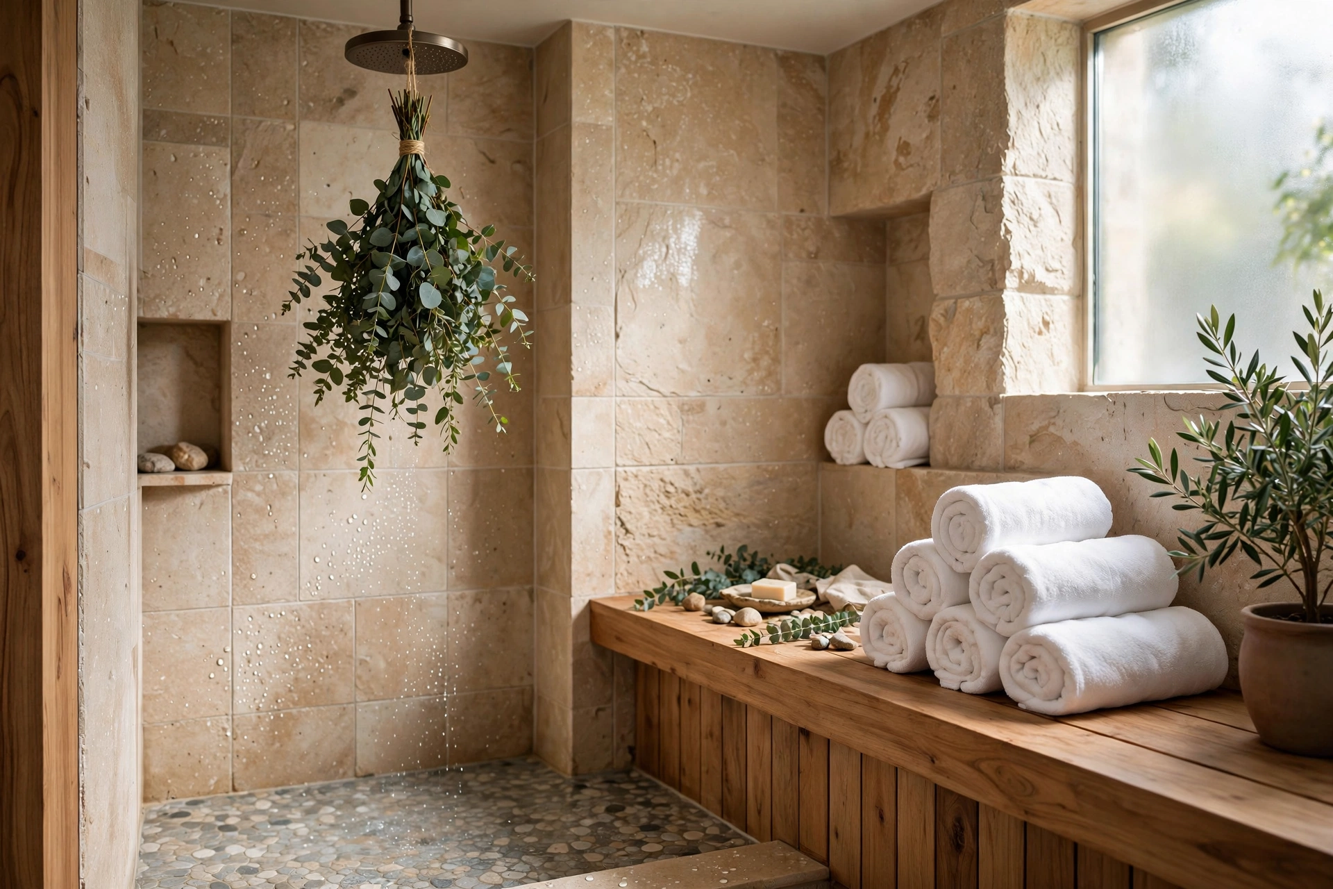 Spa-like walk-in shower with eucalyptus bundle, rolled towels and soft lighting