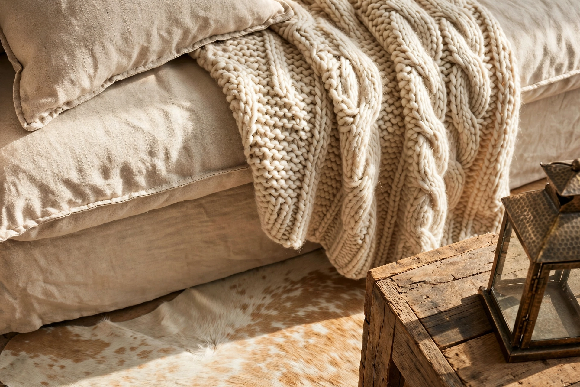 Close-up of mixed textures: linen, knit wool, cowhide and reclaimed wood