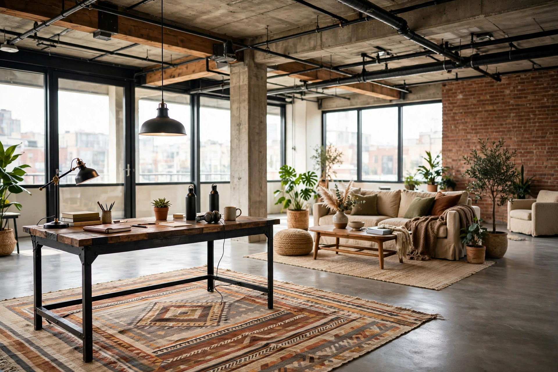 Industrial office zone defined by rug and pendant light within an open loft space