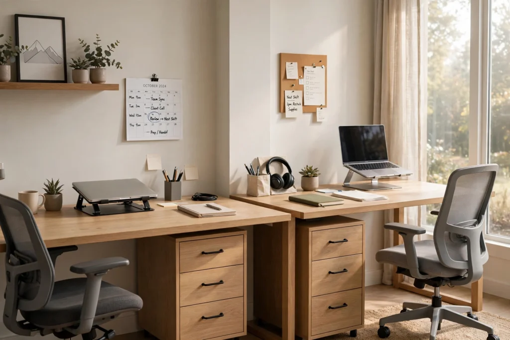 Neutral shared desk setup ready for morning and evening work shifts